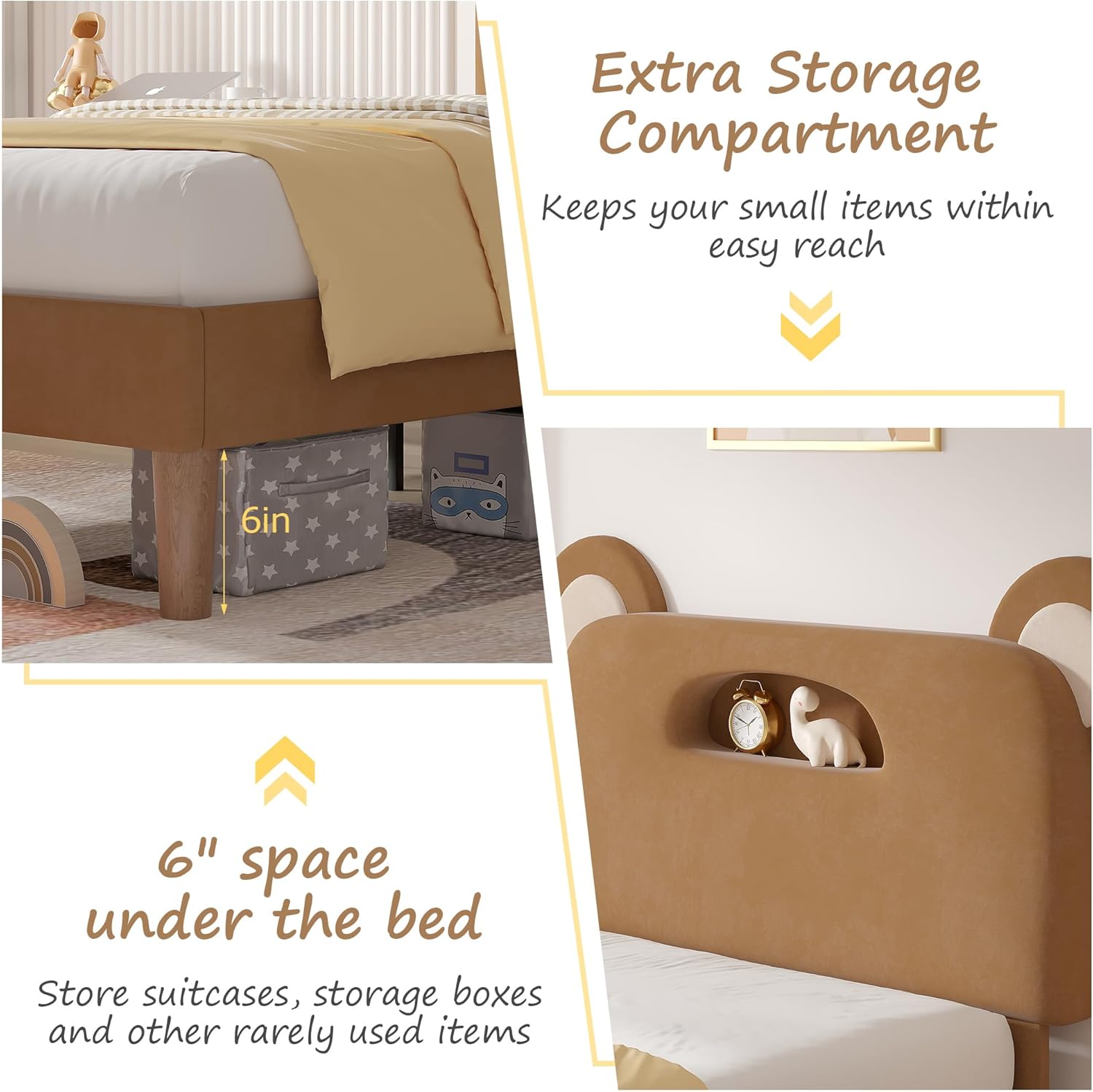 VECELO Twin Size Bed Frame with LED Light, Upholstered Platform Bedframe with Bear Adjustable Headboard