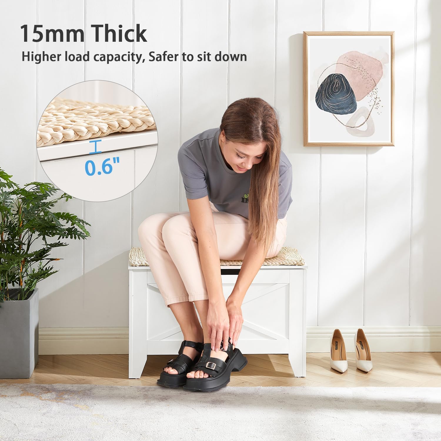 VECELO Storage Bench,43.3in Wooden Chest for Storage with Safety Hinges Wicker-Kont Mats