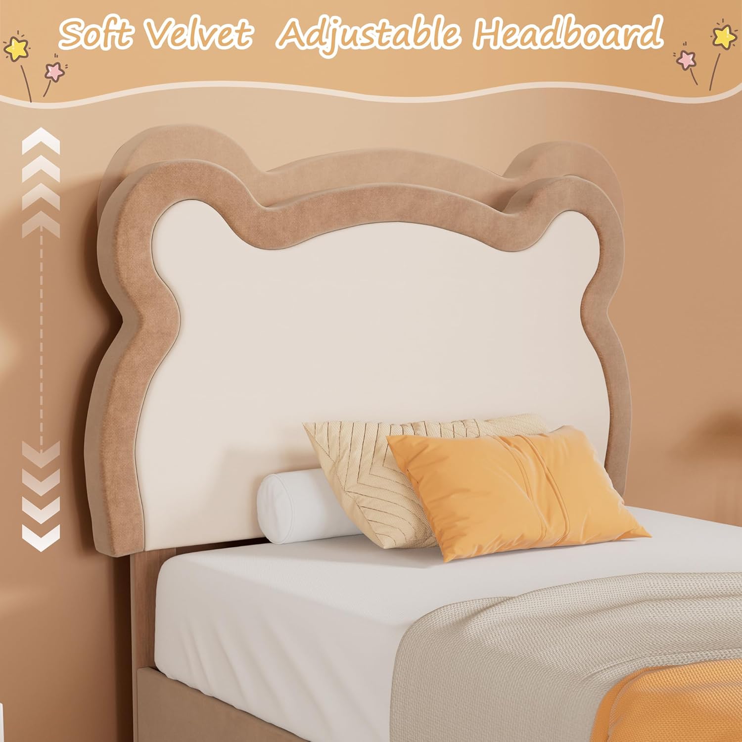 VECELO Twin Bed Frames for Kids, Upholstered Platform Bed with Adjustable Lovely Bear Headboard and 12 Solid Wooden Slats Support