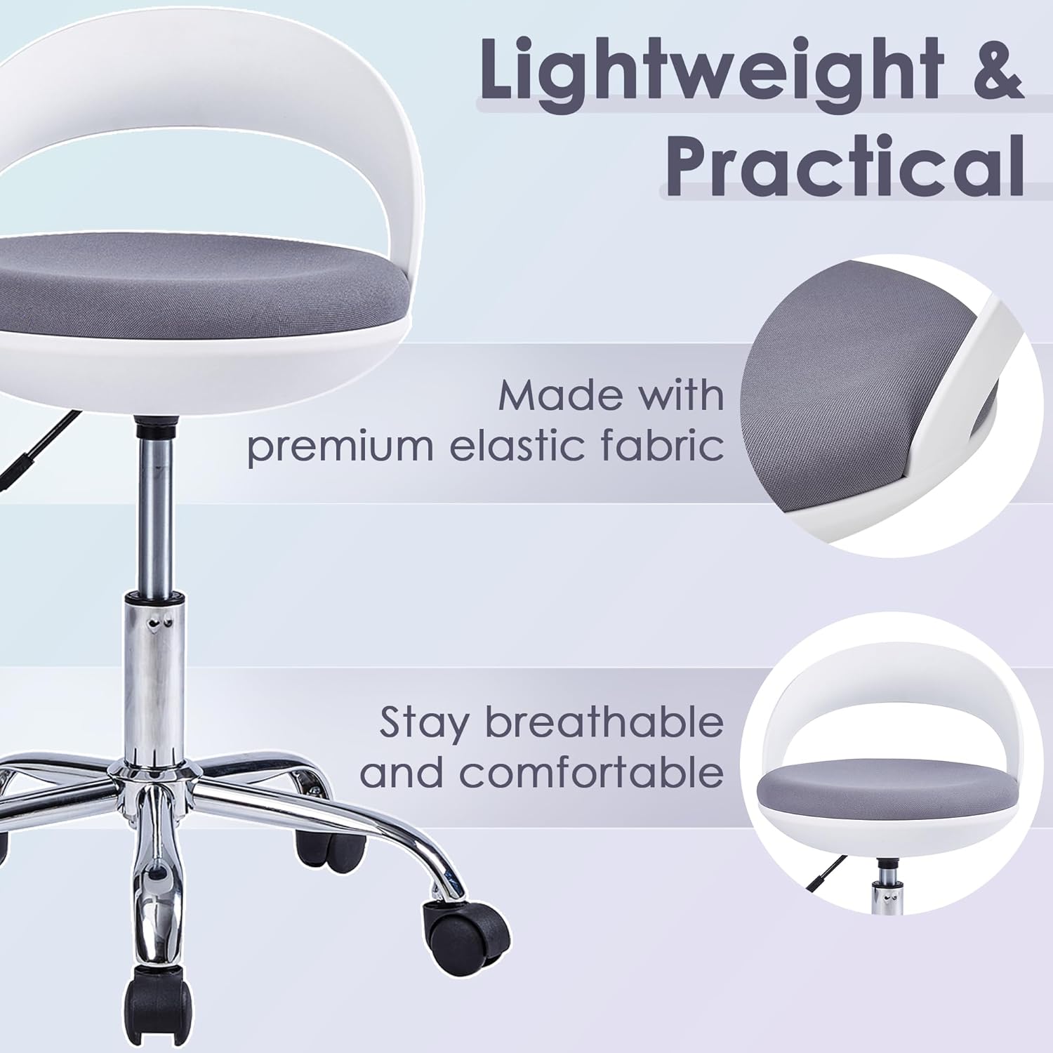 VECELO Round Rolling Stool with Back Support & Wheels