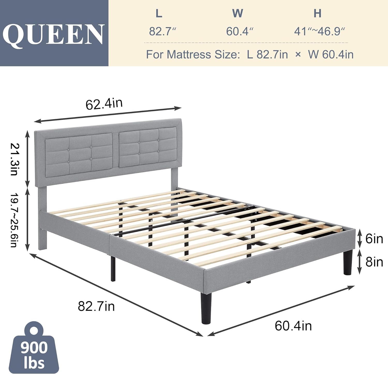 VECELO Upholstered Platform Bed Frame with Height Adjustable Headboard