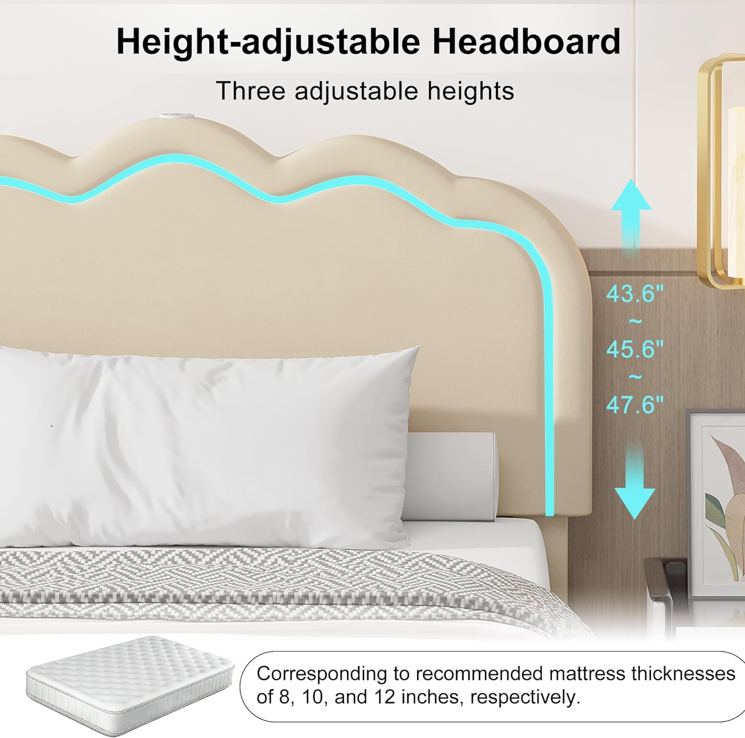 VECELO Upholstered Velvet Platform Bed Frame with Headboard Adjustable, LED Lights, USB-A & Type-C