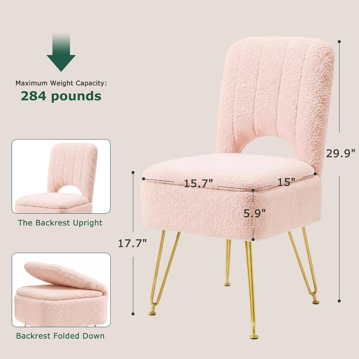 VECELO Vanity Stool Chair with Storage and Folding Back
