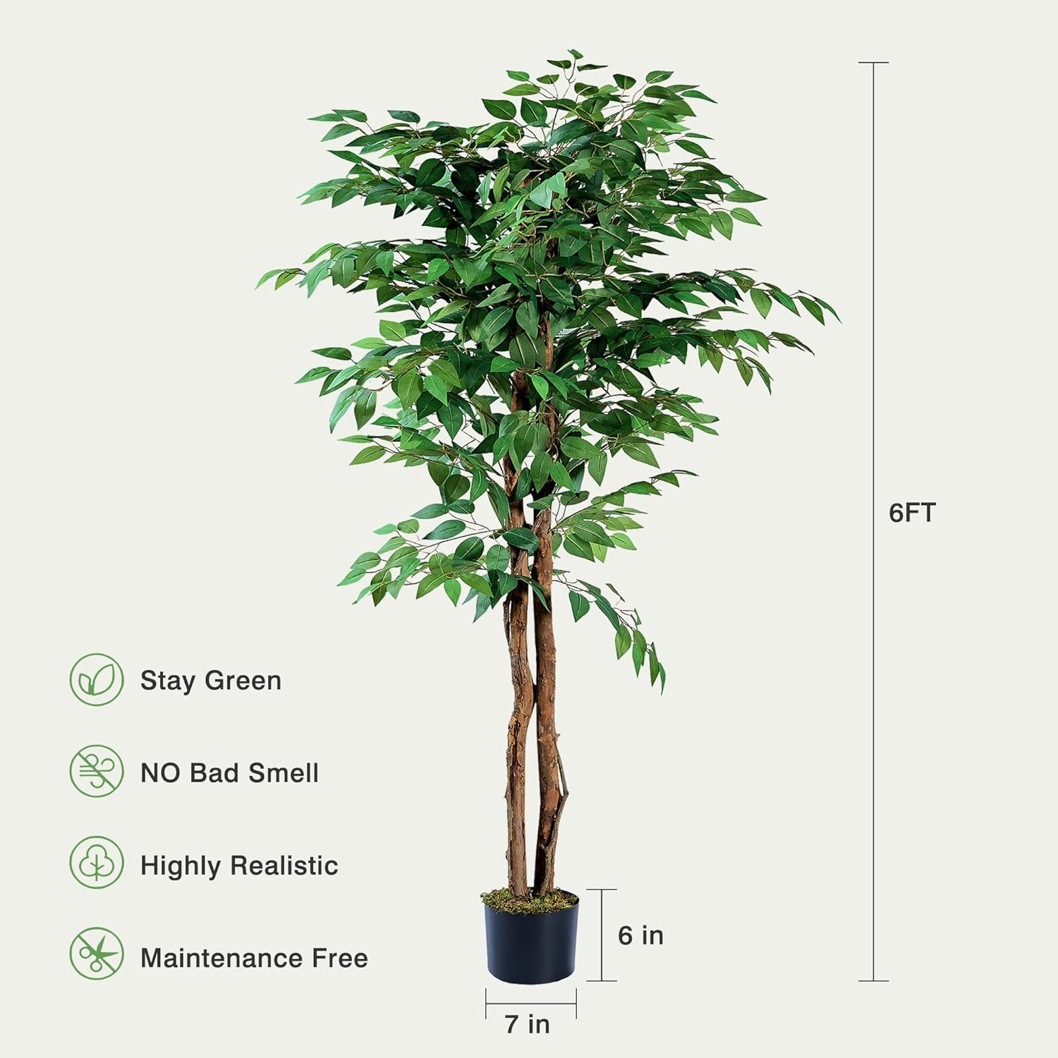 VECELO Artificial Ficus Tree with Sturdy Nursery Pot, 5FT and 6FT Faux Silk Plant - VECELO