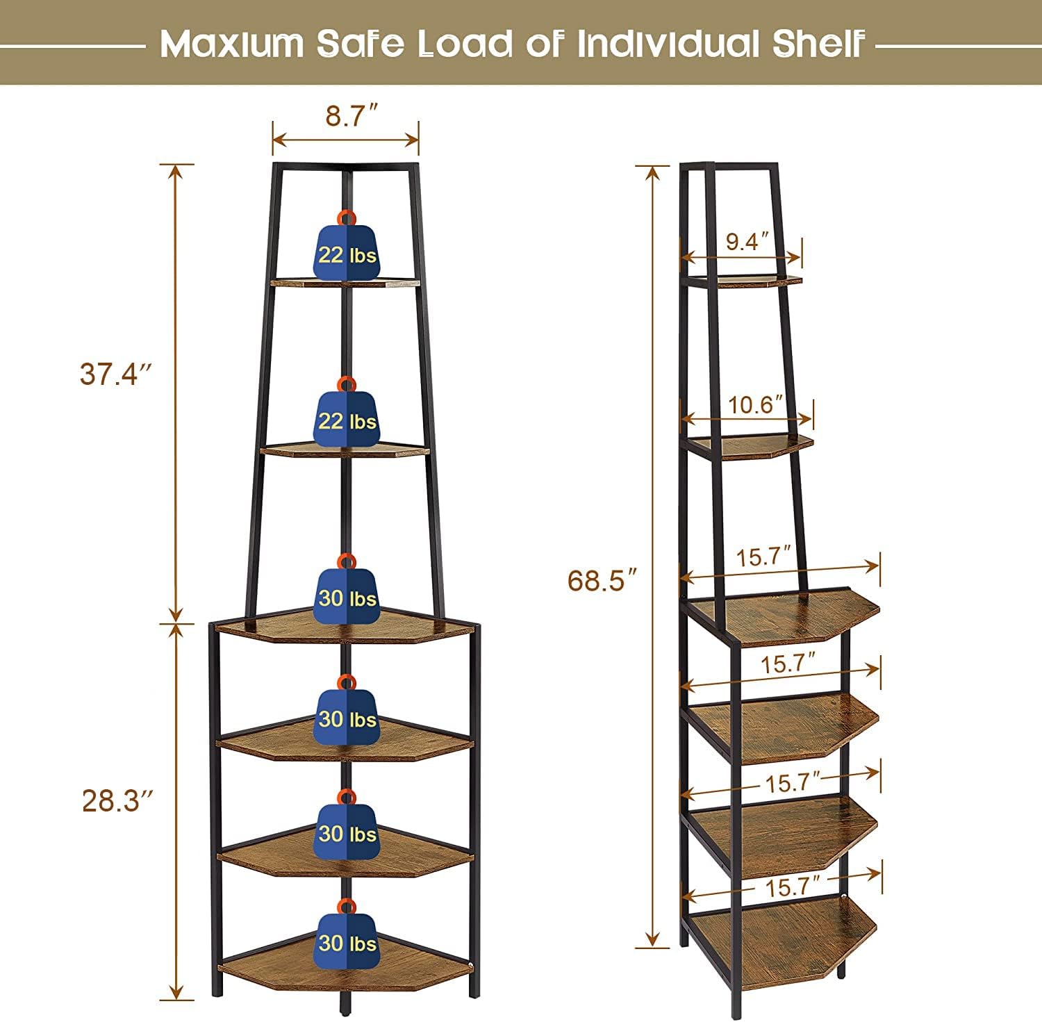 VECELO 6 Tier Corner Shelf, 69 Inch Industrial Bookshelf/Storage Stand with Metal Frame - VECELO
