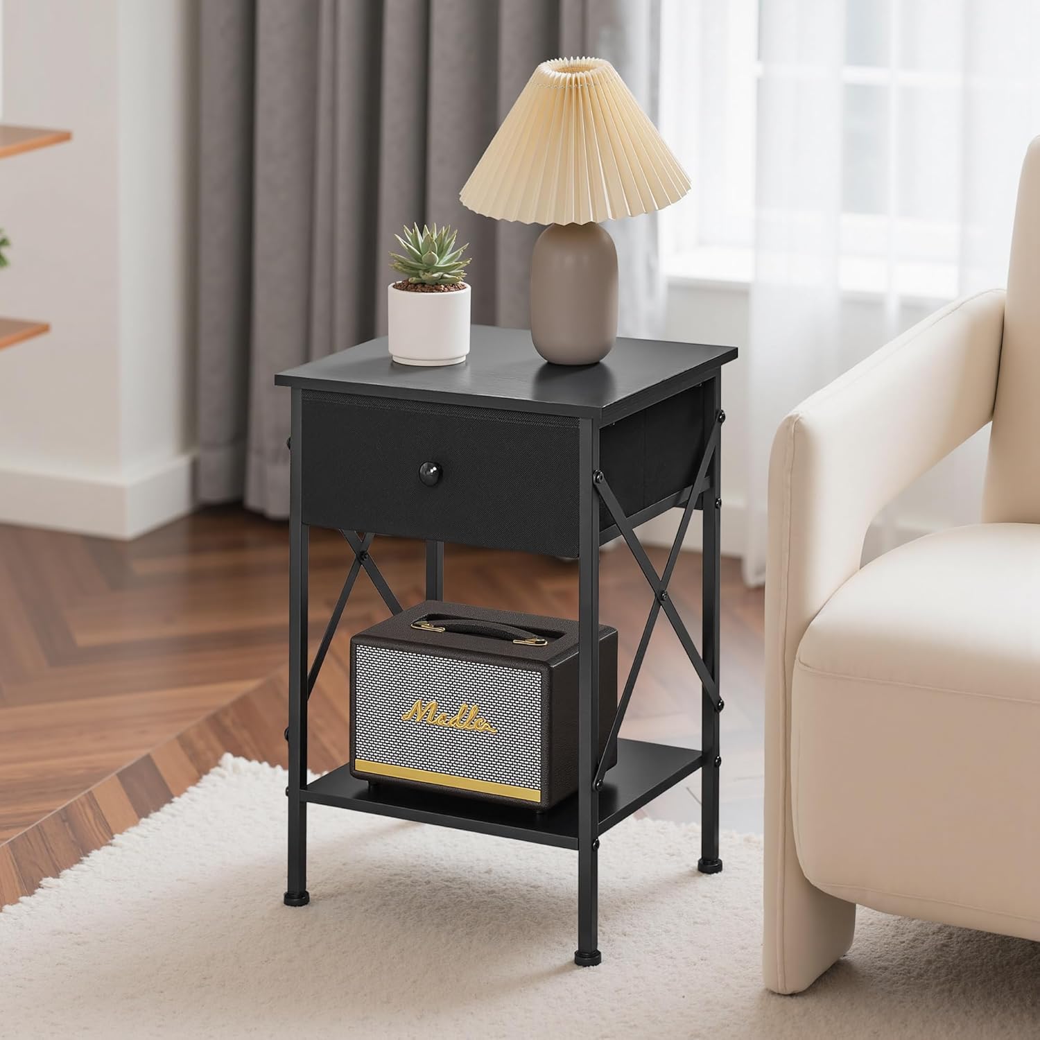 VECELO Nightstand Set of 2, X-Design End Side Table with Fabric Storage Drawer and Open Shelf