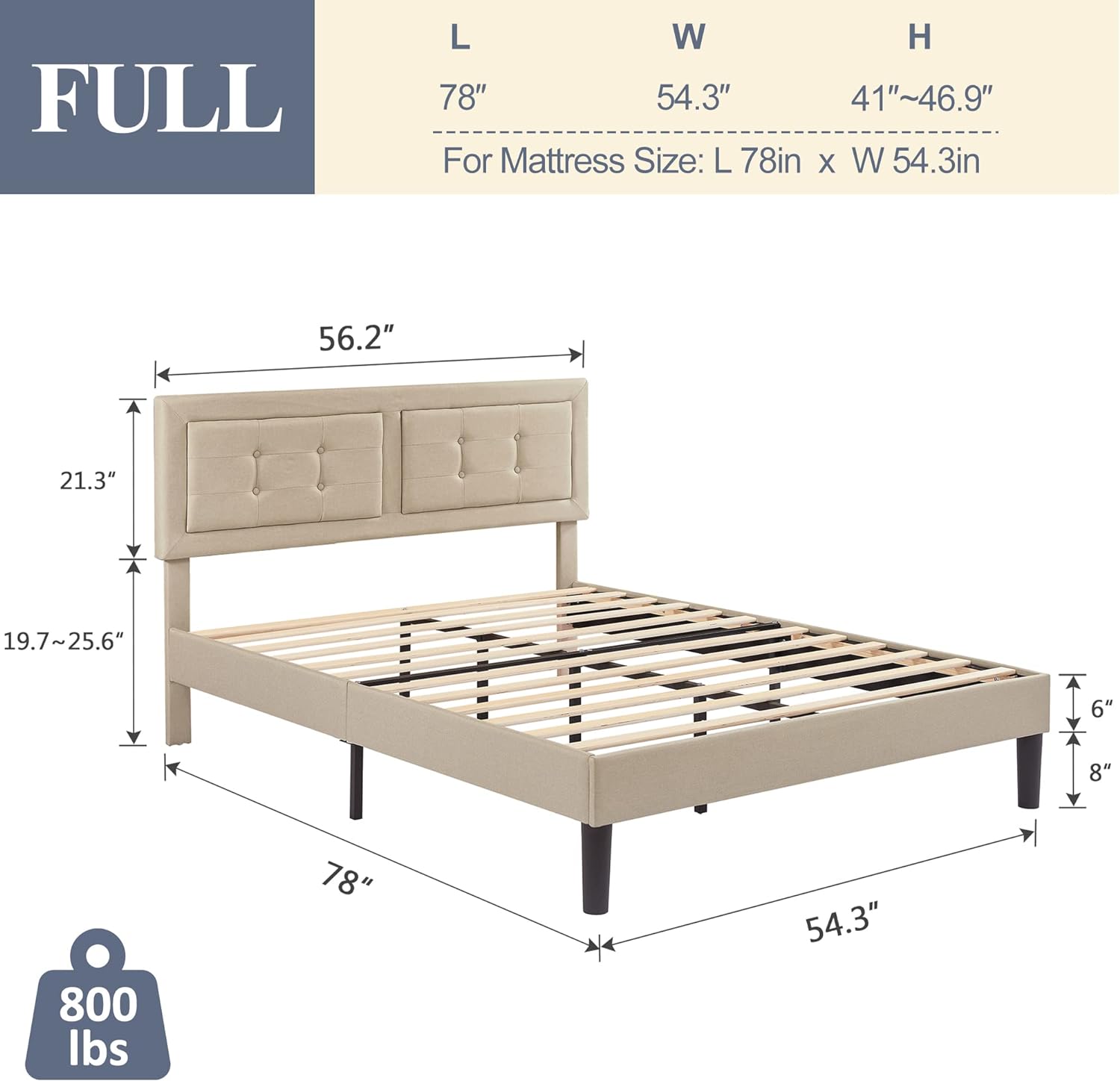 VECELO Upholstered Platform Bed Frame with Height Adjustable Headboard