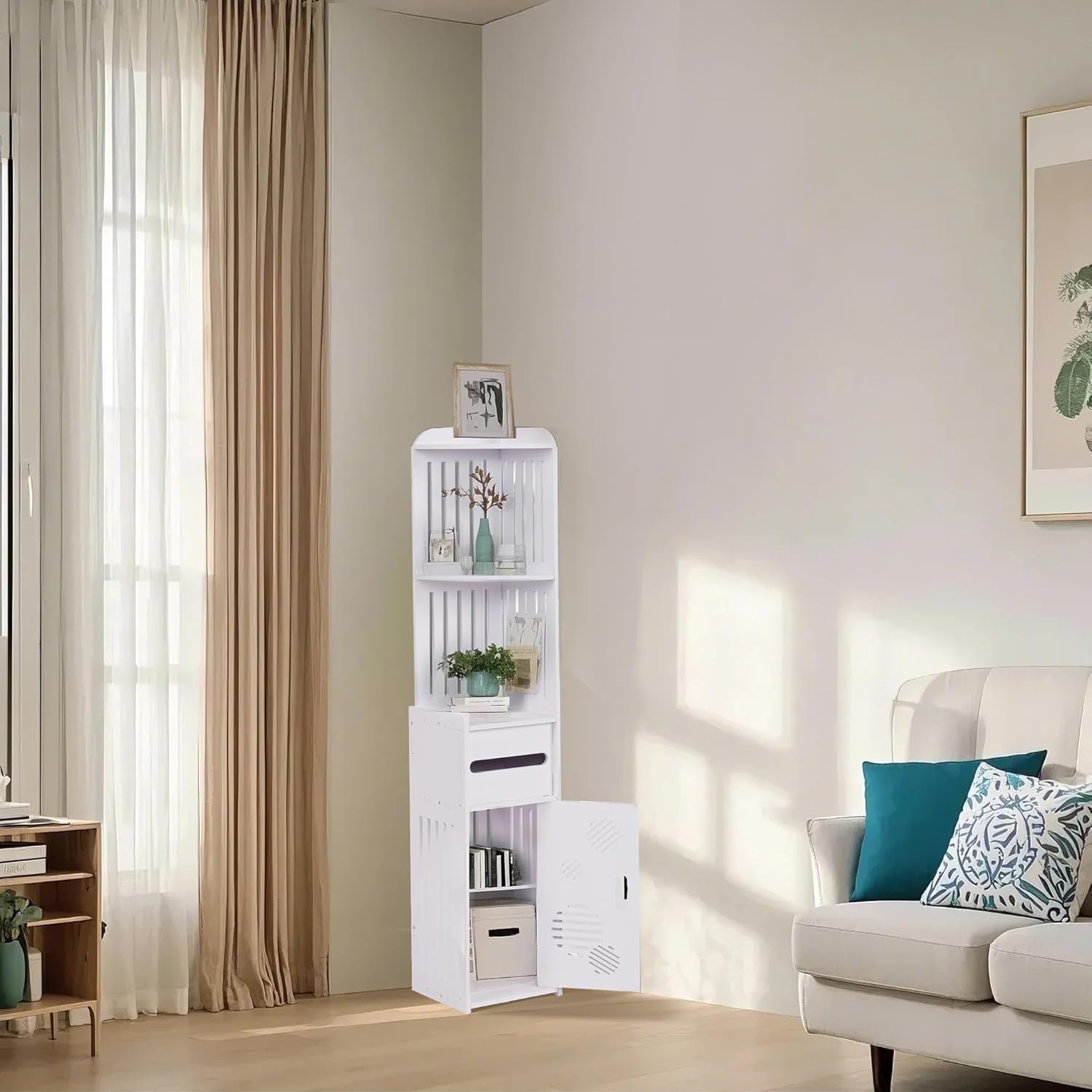 VECELO Corner Shelf Stand, Small Bathroom Storage Cabinet for Narrow Space