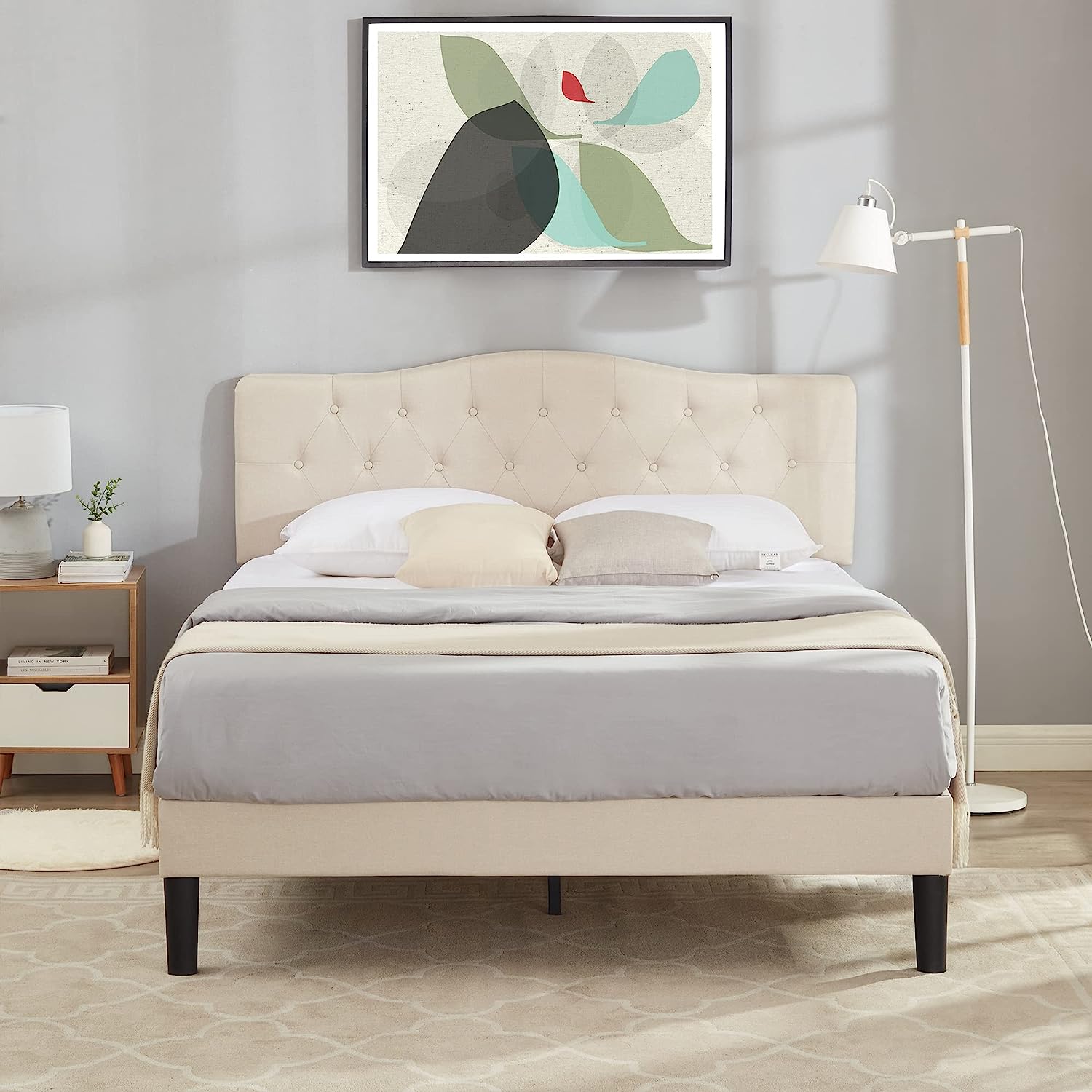 VECELO Classic Upholstered Platform Bed Frame with Diamond Stitched Cloth - VECELO