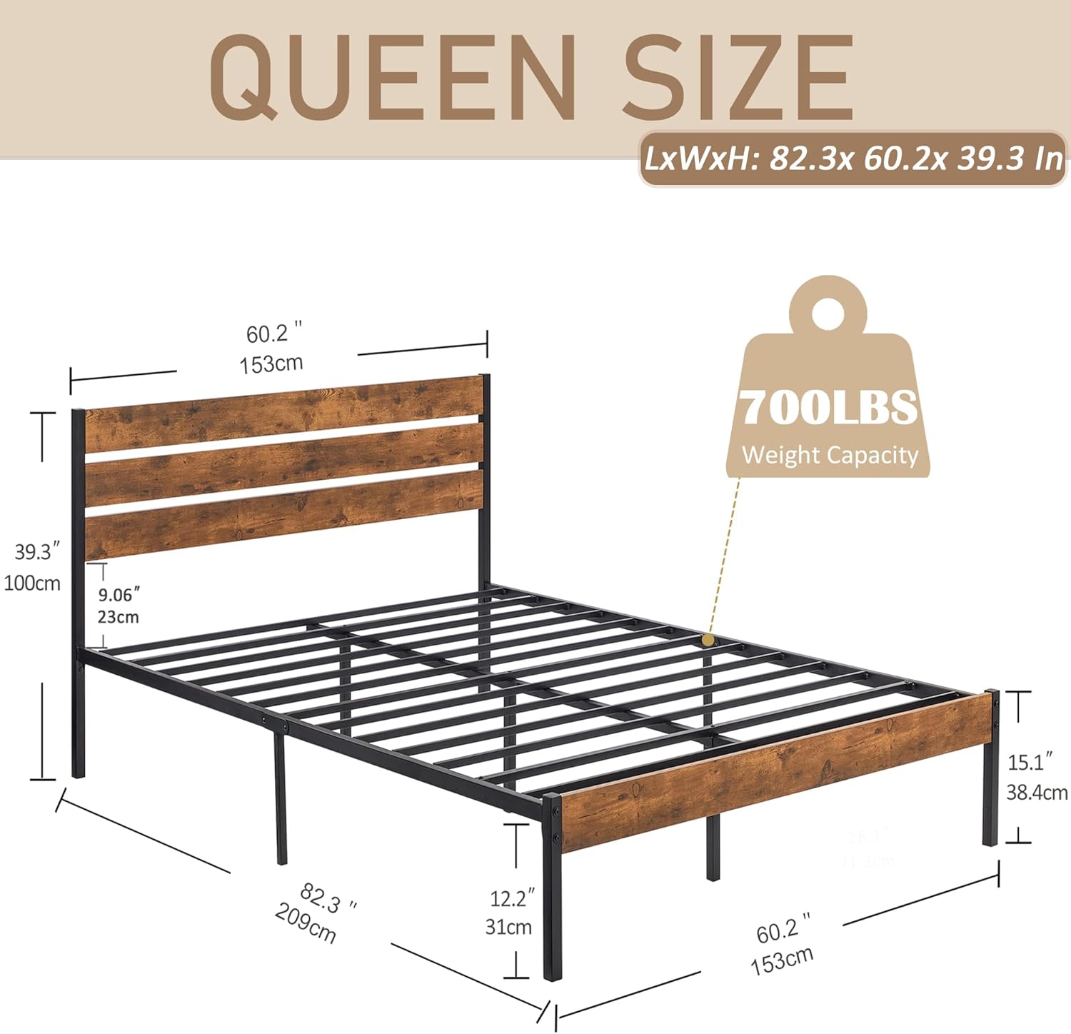 VECELO Platform Bed Frame with Rustic Vintage Wood Headboard/Strong Metal Slats Support