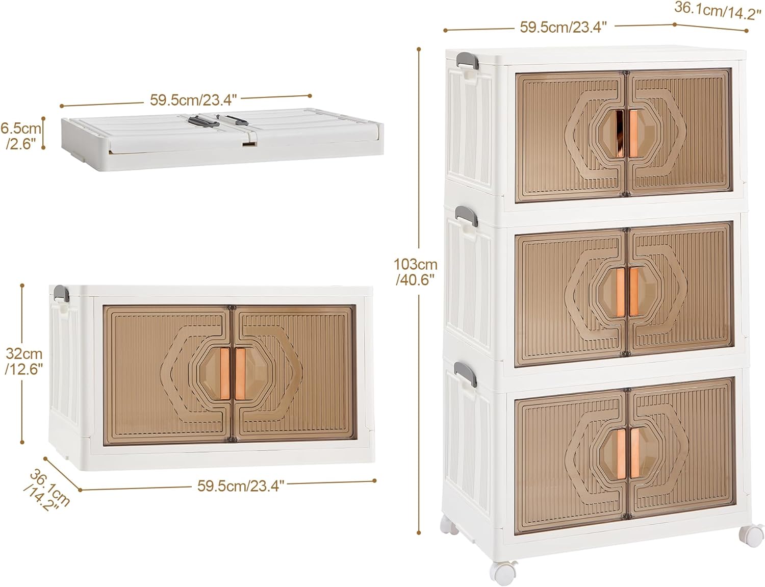 VECELO 3 Pack Plastic Foldable Stackable Storage Bin Double Door 19 Gal Closet Organizers and Storage with Lids and Wheels - VECELO