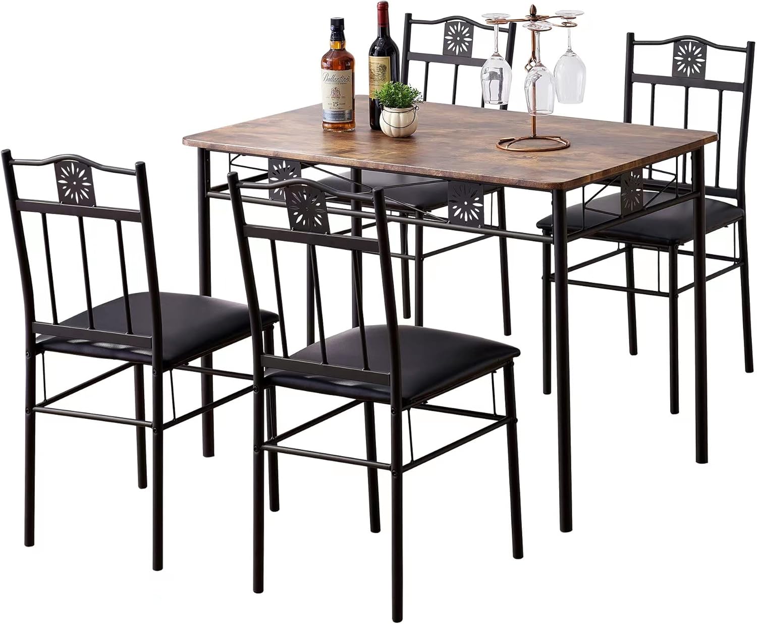 VECELO 5 Piece Dining Table Set with 4 Chairs Metal and Wood Rectangular Table