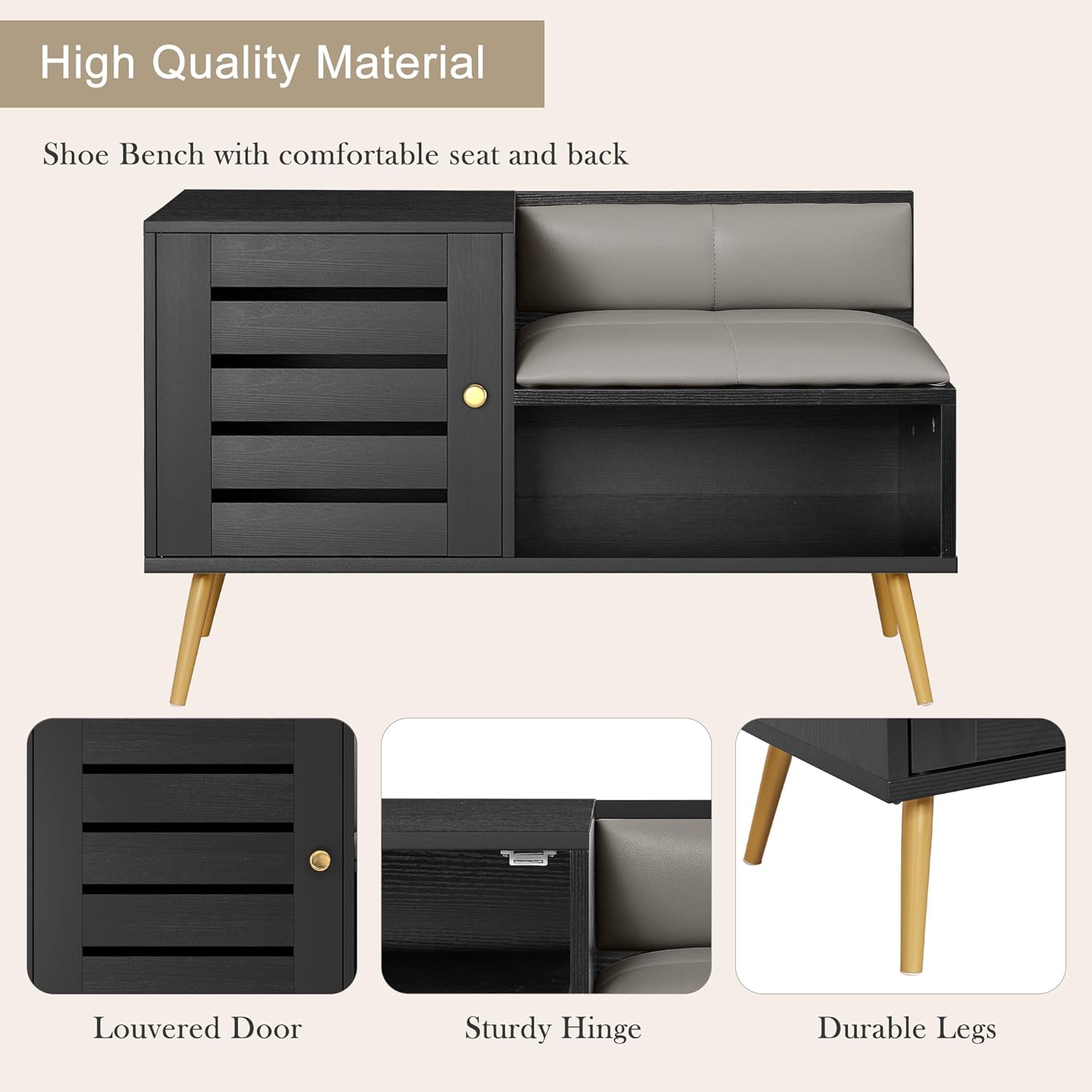 VECELO Entryway Bench with Storage Shoe Cabinet & Adjustable Shelf Louvered Door Removable PU Seat Cushion and Backrest