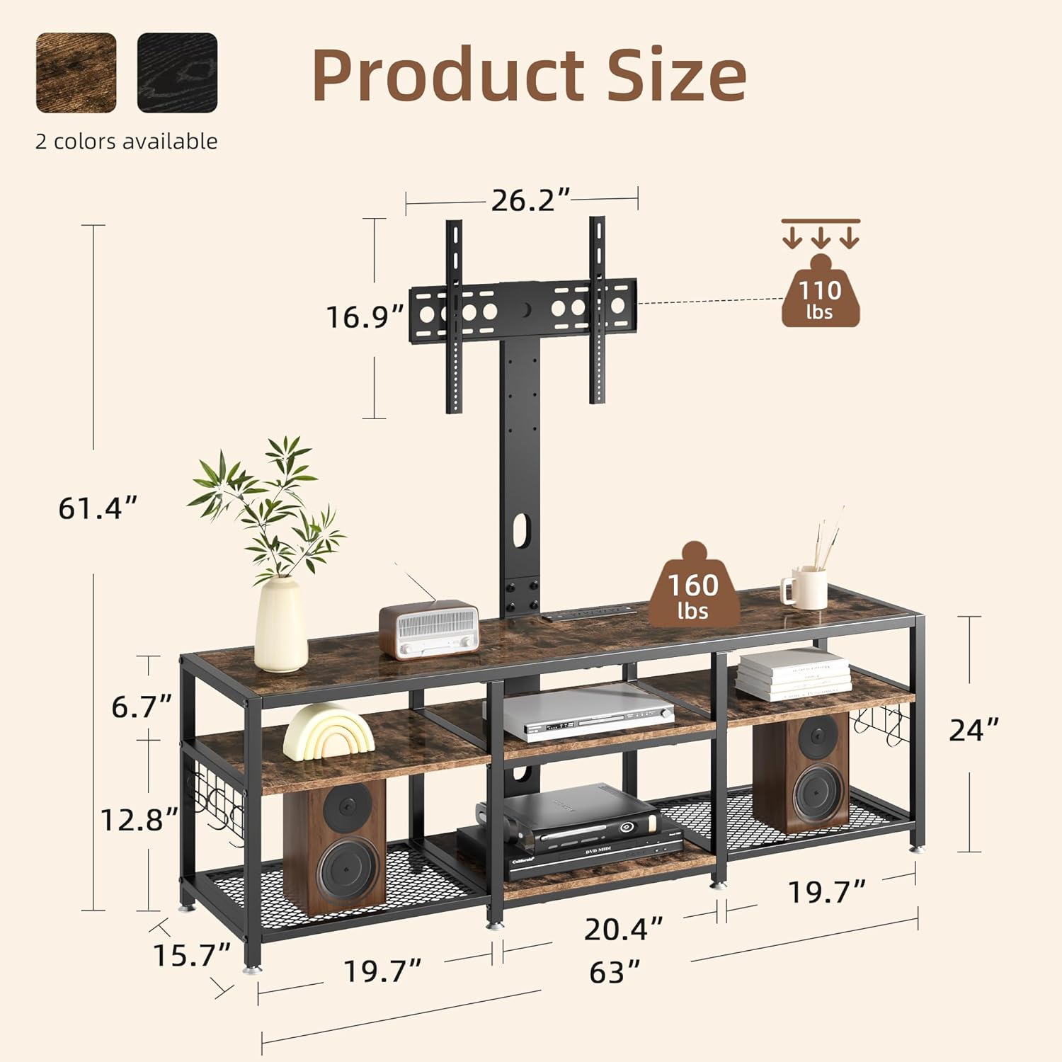VECELO TV Stand with Mount and Power Outlets