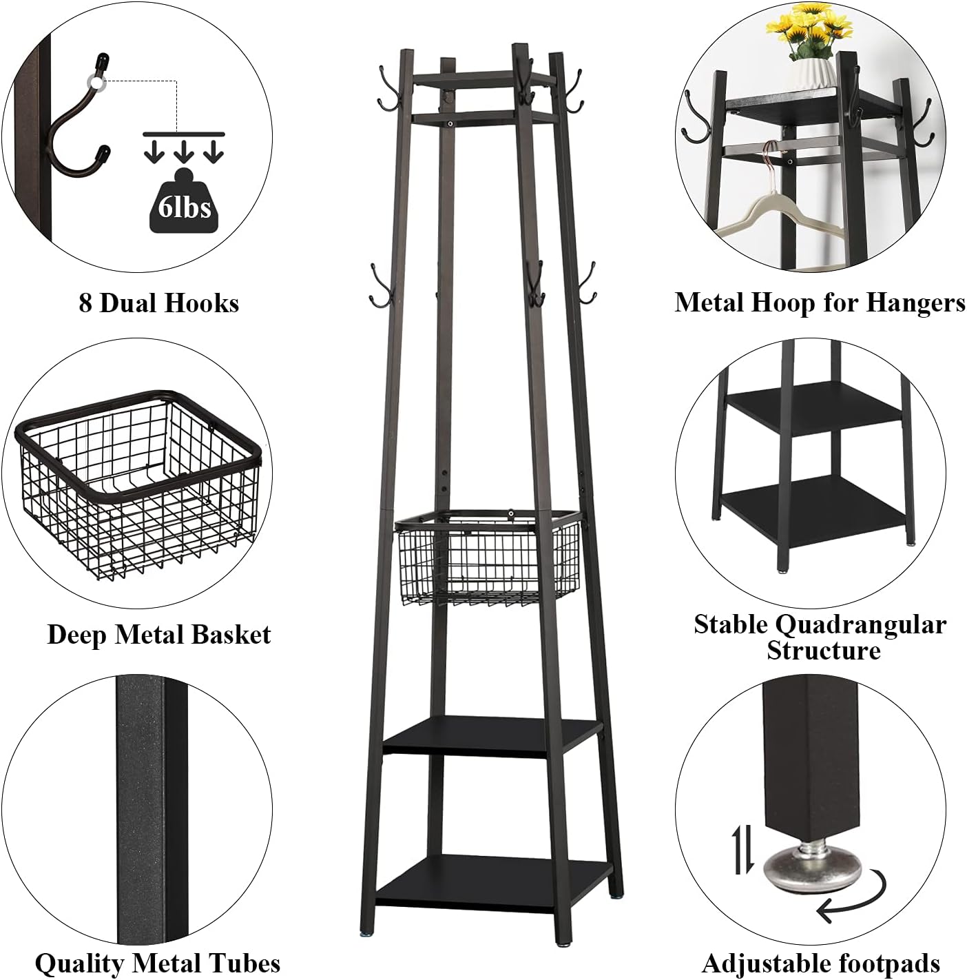 VECELO Coat Rack Freestanding Hall Tree - VECELO