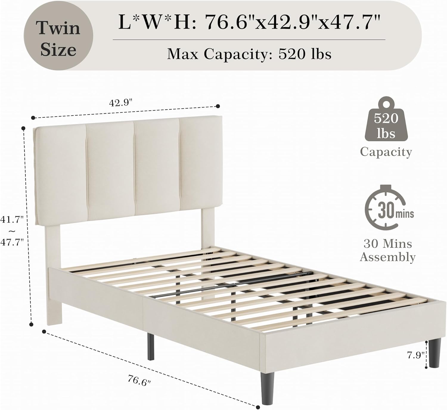 VECELO Modern Upholstered Platform Bedframe, Adjustable Headboard