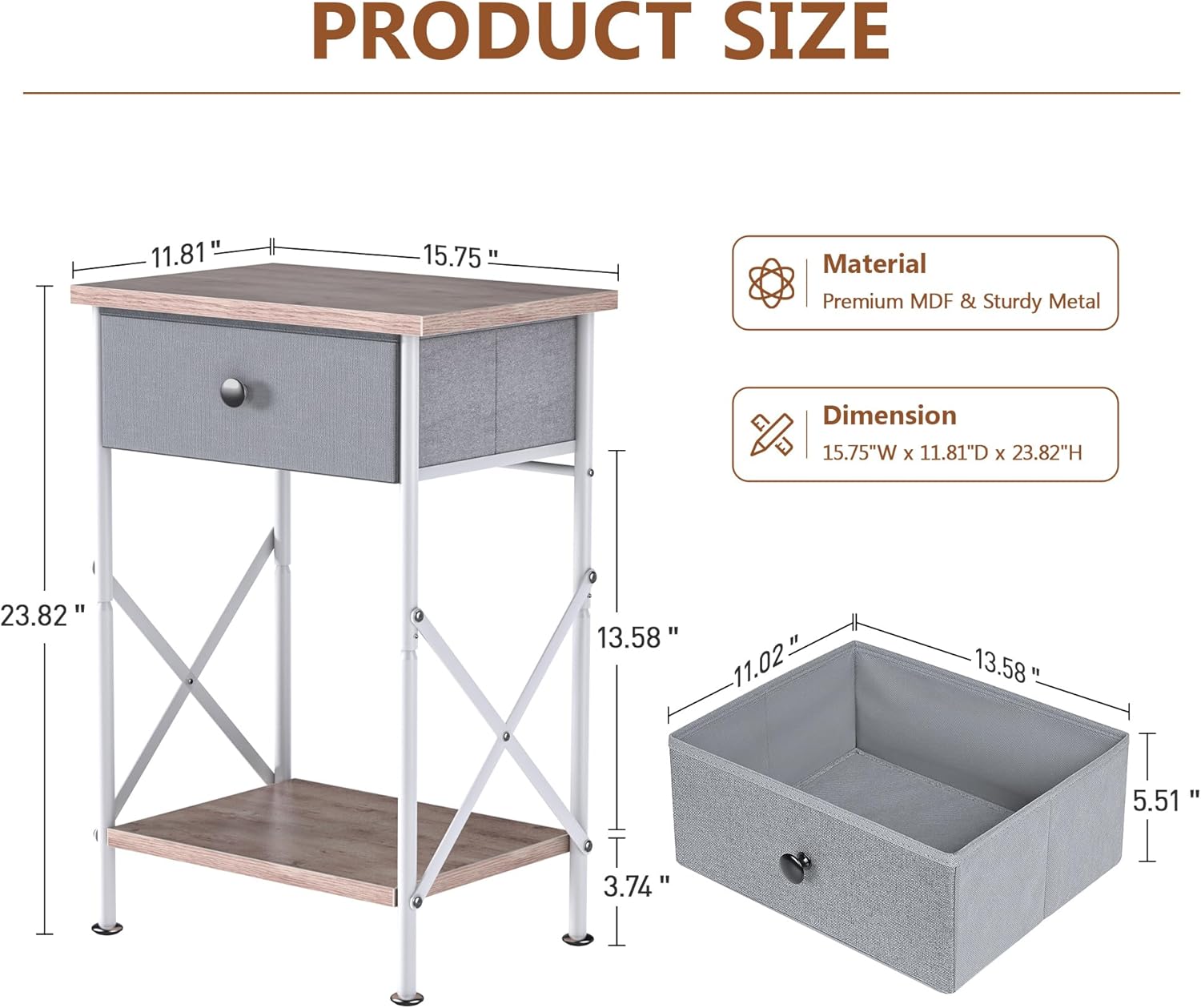 VECELO Nightstand with Drawer, Small Bedside Table with Storage and Adjustable Metal Legs