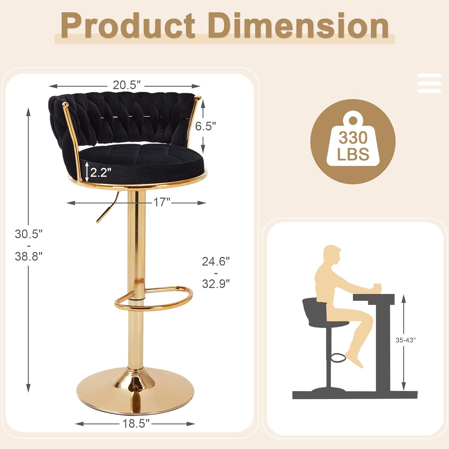 VECELO Bar Stools Set of 2, Adjustable Barstools Counter Height Stools with Back and Arm - VECELO