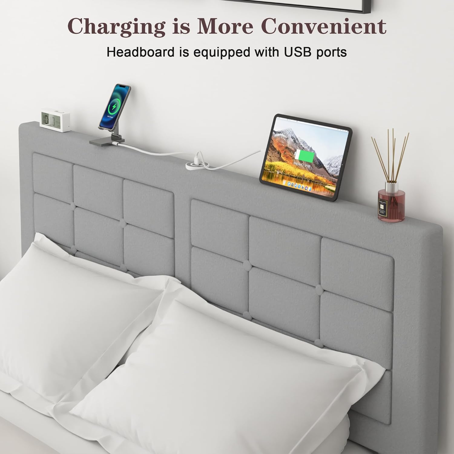 VECELO Bed Frame with 4 Drawers, Adjustable Tufted Button Headboard