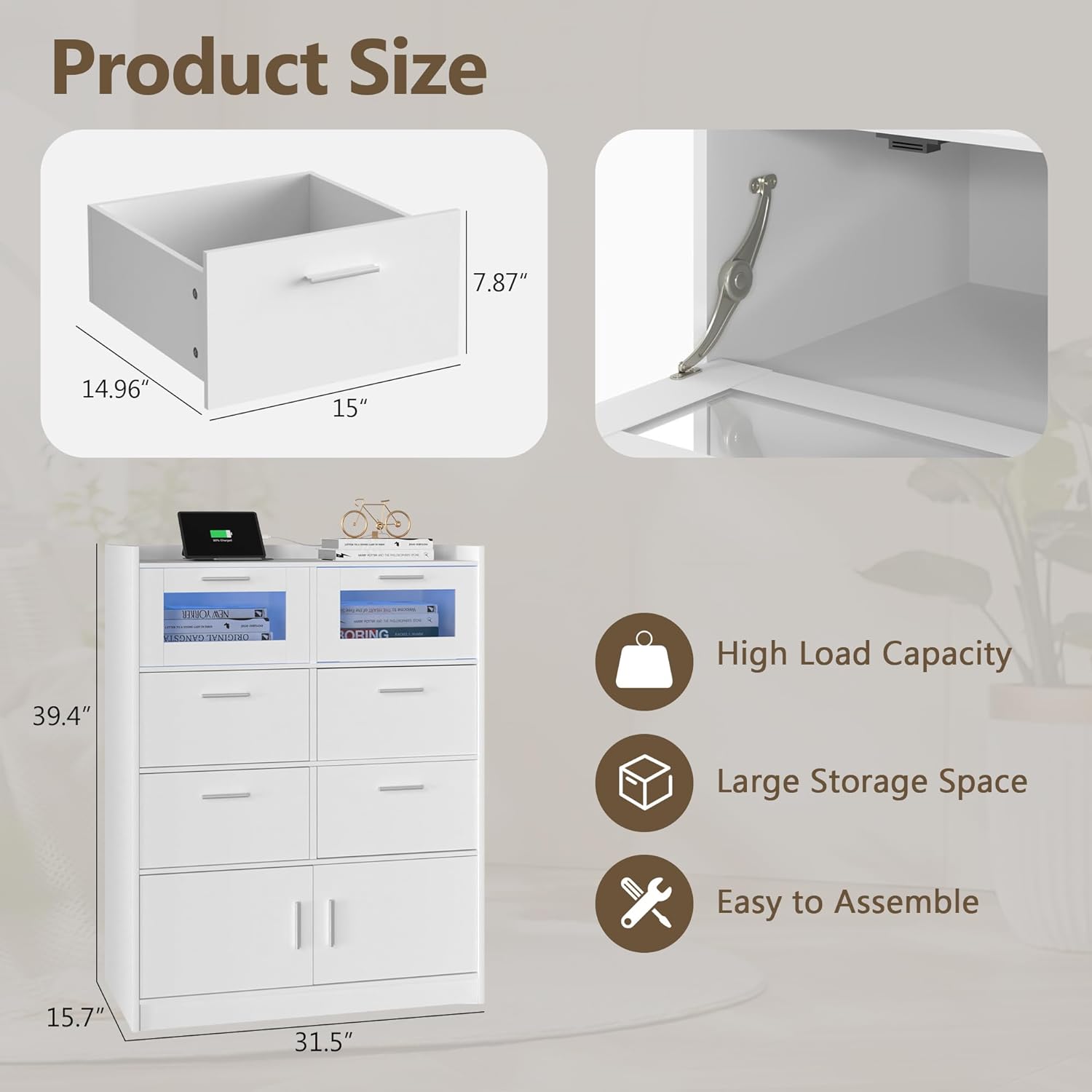 VECELO Dresser for Bedroom Chest of 4 Drawers/6 Drawer with Adjustable LED Lights