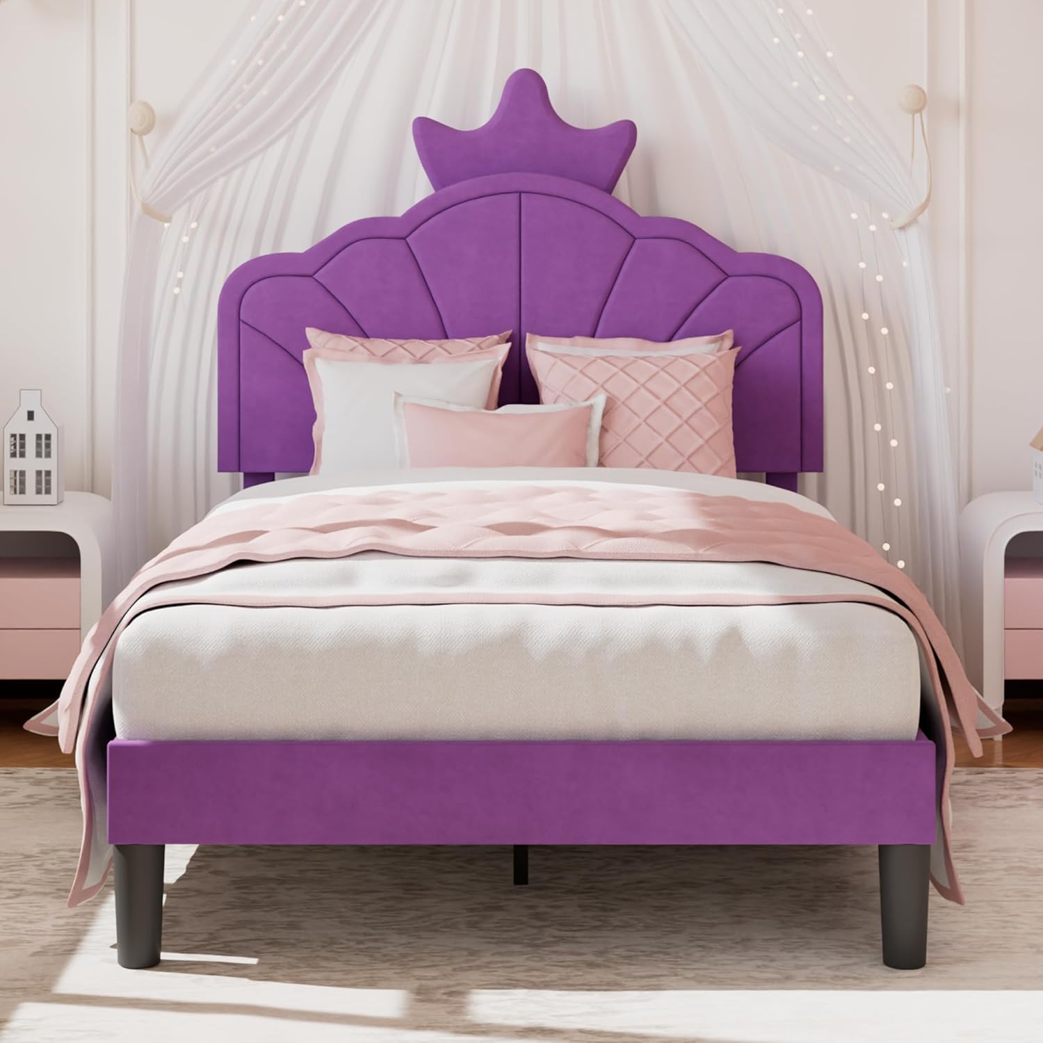 VECELO Twin Size Bed Frame with Crown Headboard
