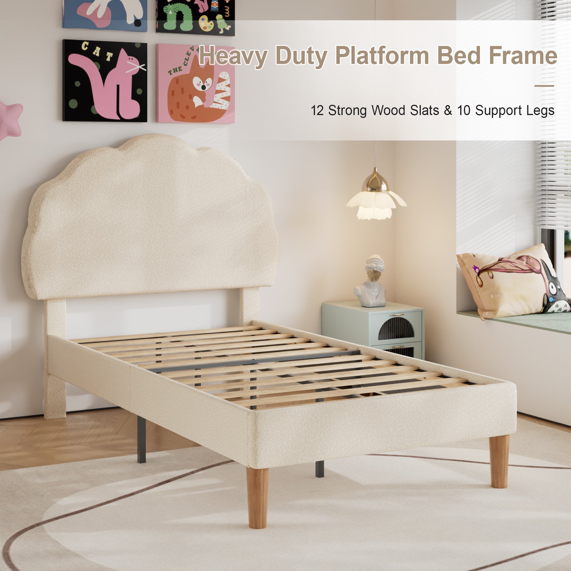 VECELO Twin Size Bed Frame, Upholstered Platform Bedframe with Height Adjustable Plush Fabric Headboard