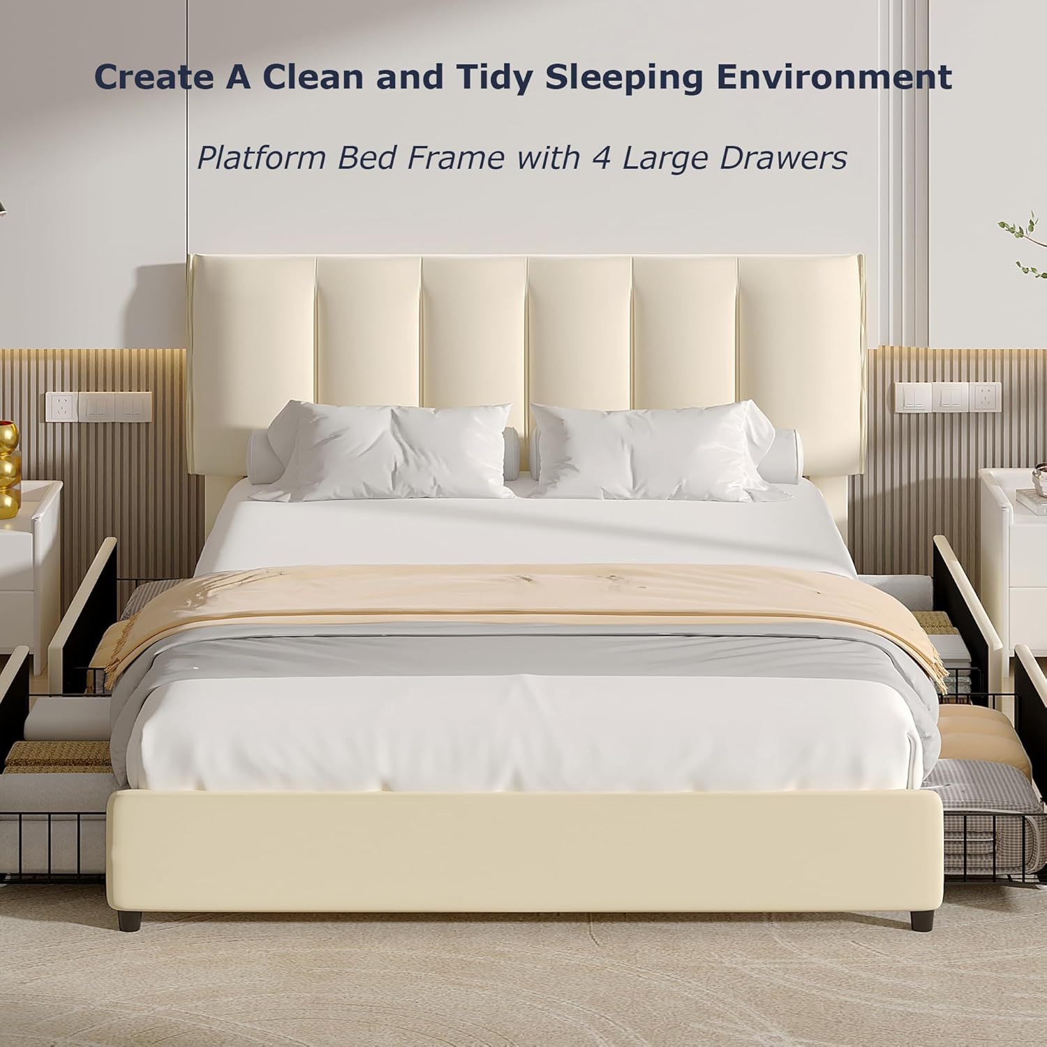 VECELO Upholstered Bed Frame with 4 Storage Drawers and Adjustable Velvet Headboard