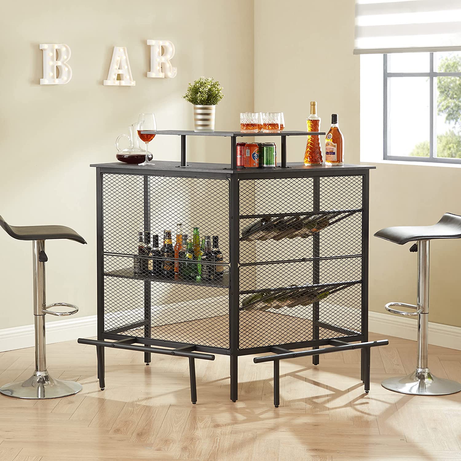 VECELO Bar Unit, 3 Tier Liquor Cabinet with Metal Mesh Front - VECELO