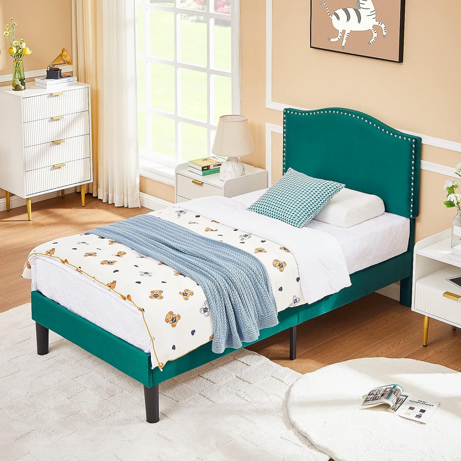 VECELO Bed Frame Platform with Upholstered Headboard & Wooden Slats Support - VECELO