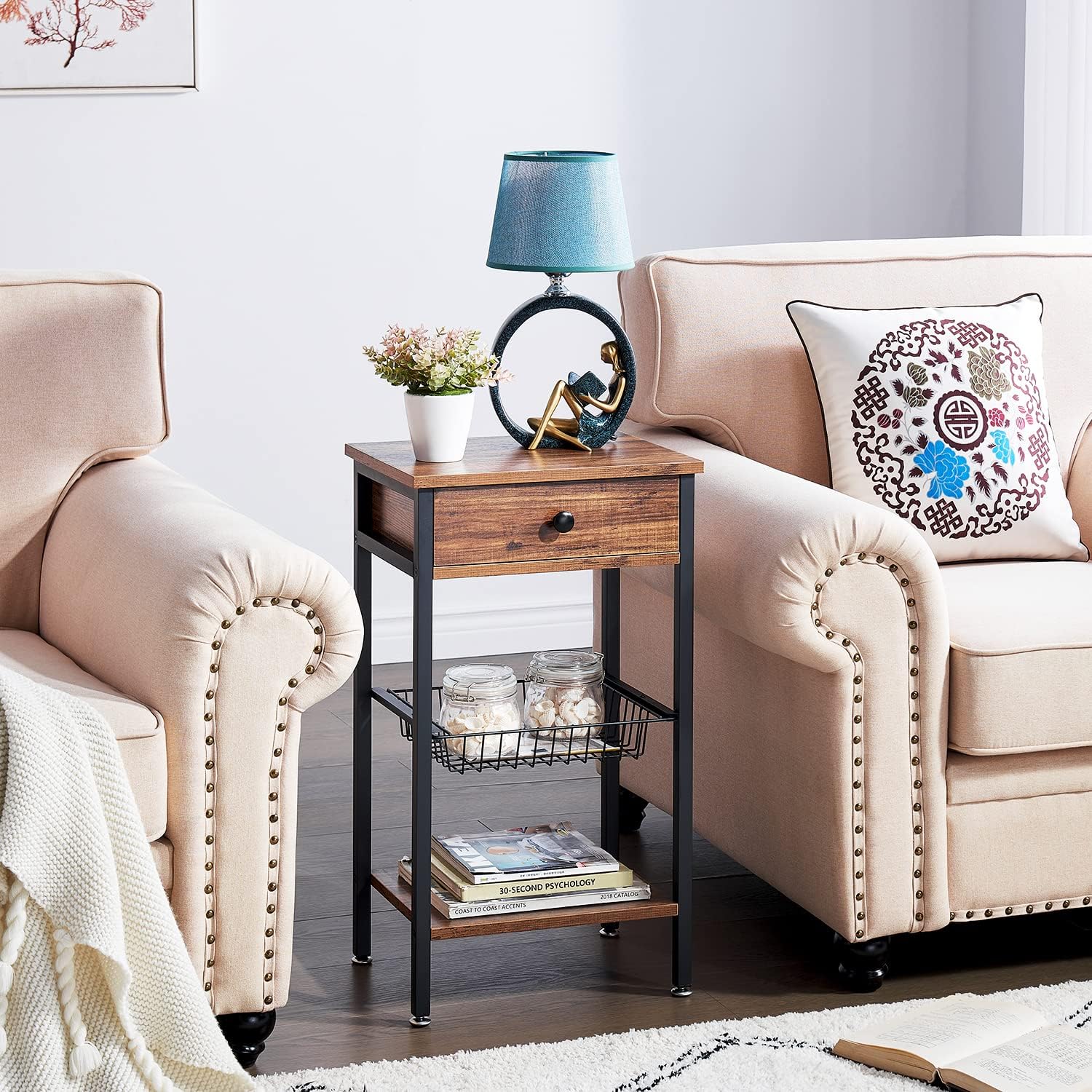 VECELO Industrial Retro Side Nightstand with Storage Shelf Tall End Tables