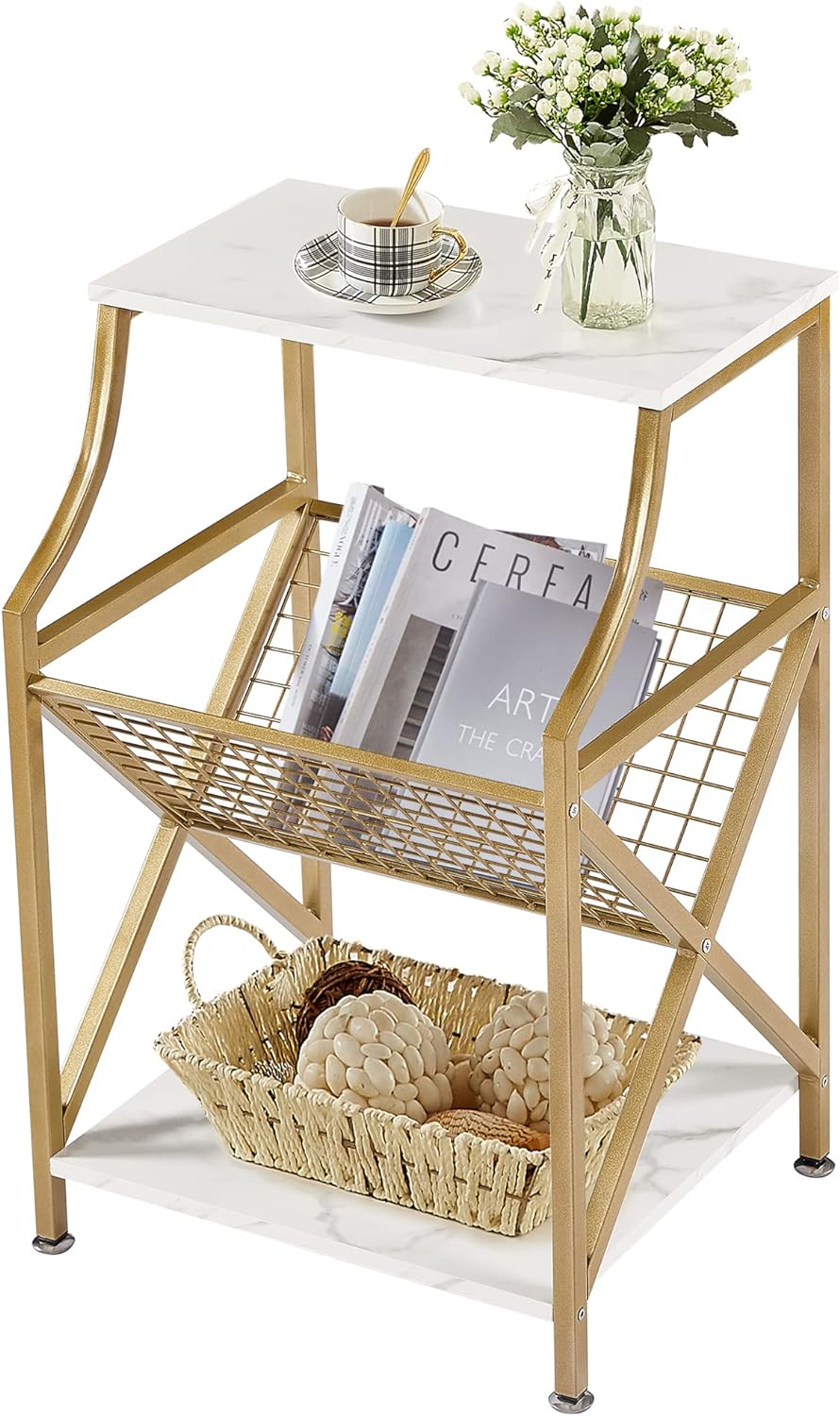 VECELO 3-Tier End Table with Storage Magazine Holder - VECELO