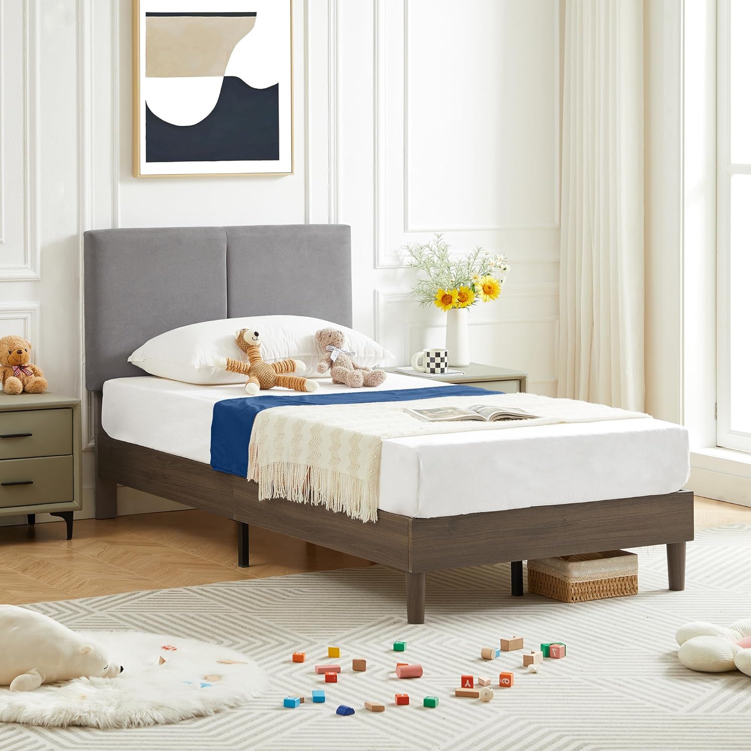 VECELO Upholstered Platform Bed Frame with Height-Adjustable Cotton and Linen Headboard