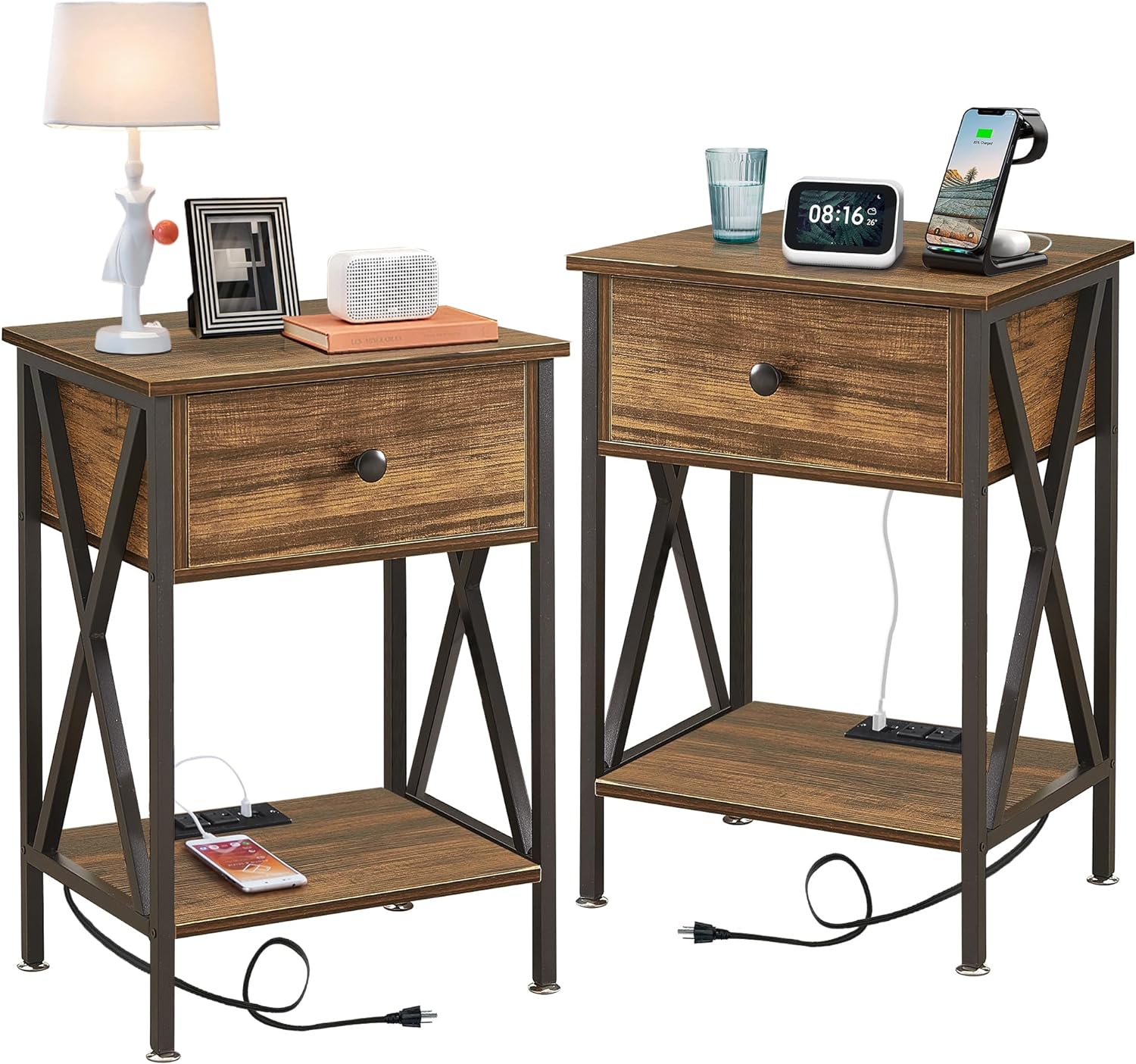 VECELO Modern Bedside End Tables with Charging Station & USB Ports, 1 Pack/2 Packs