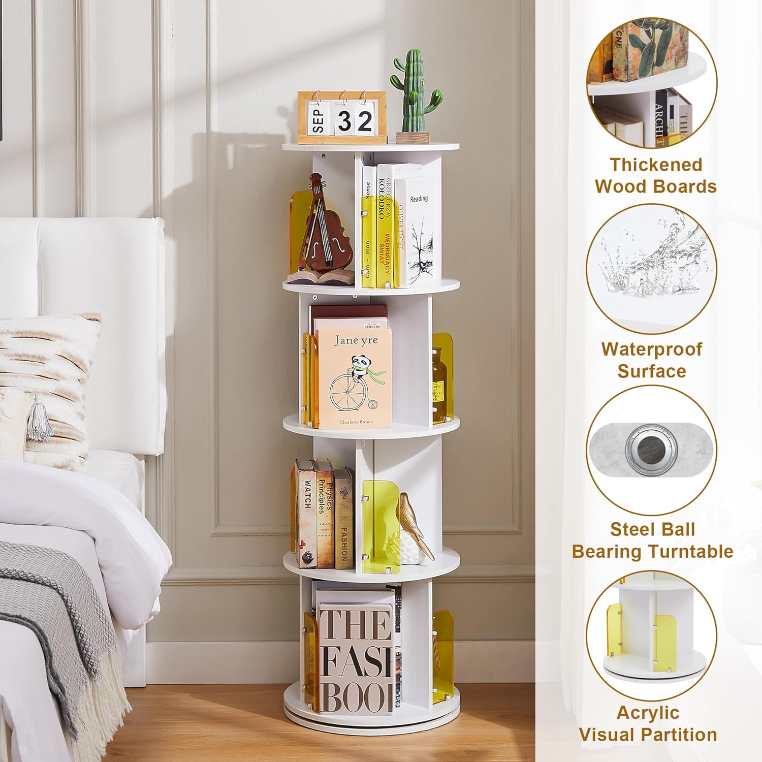 VECELO Rotating Bookshelf with Acrylic Display Window Partition