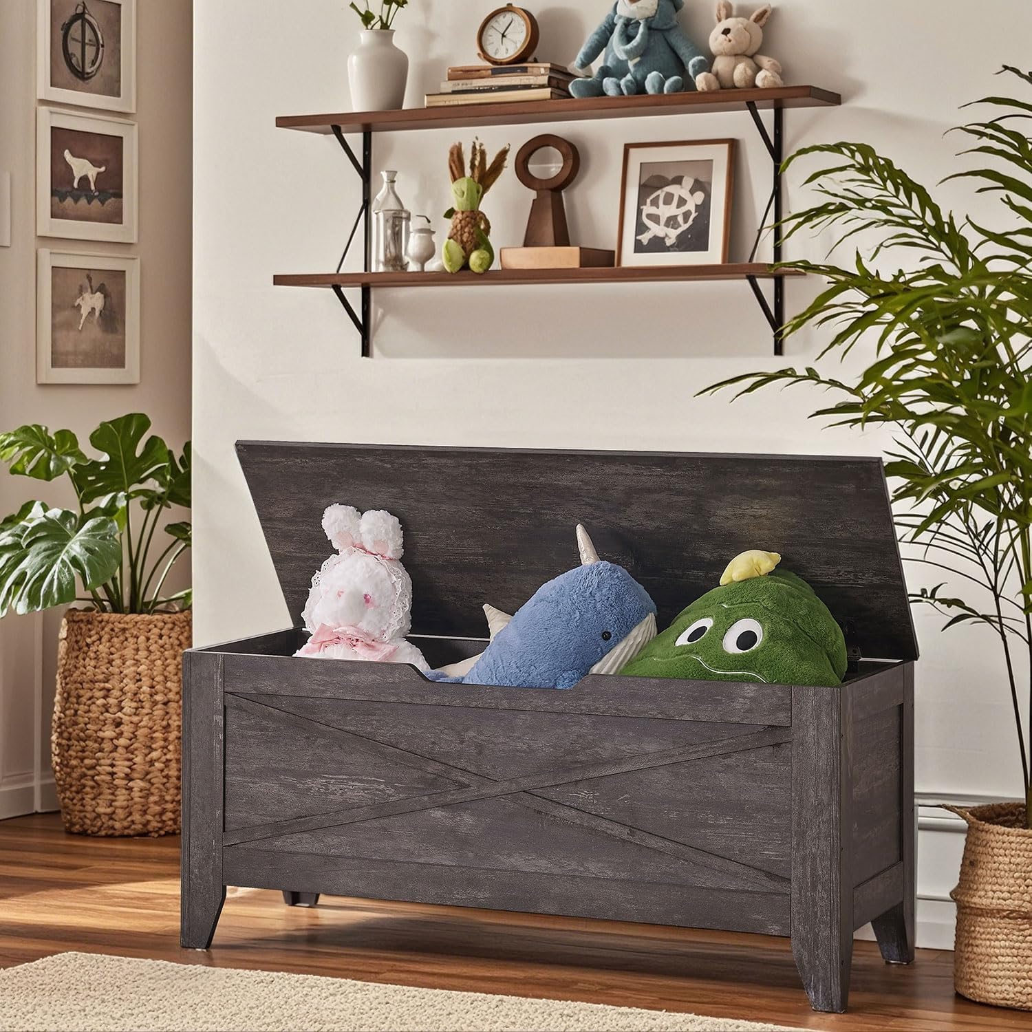 VECELO Storage Bench,43.3in Wooden Chest for Storage with Safety Hinges Wicker-Kont Mats