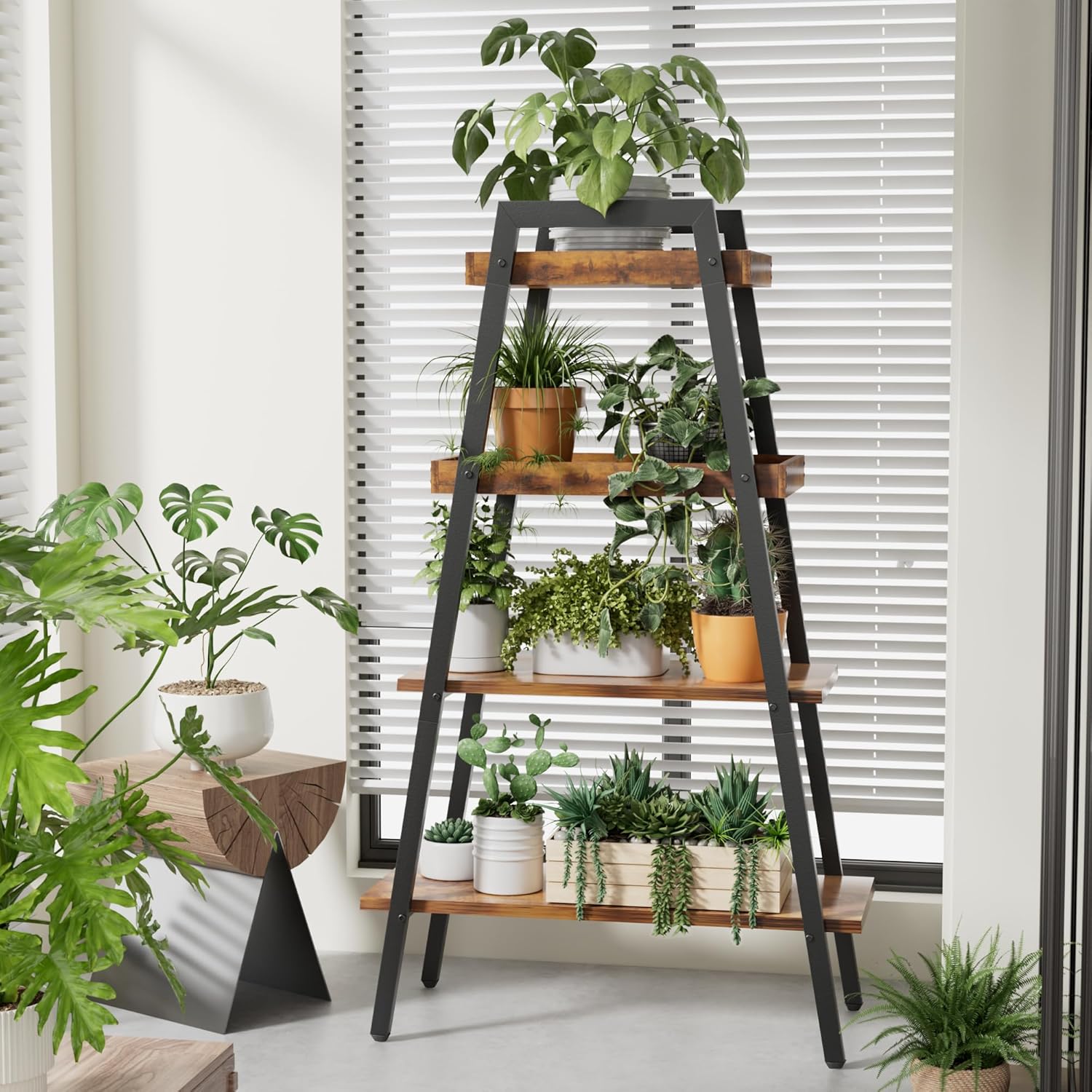 VECELO Ladder Shelf/Display Shelf 4 Tier Storage Bookcase Rack Wood & Steel