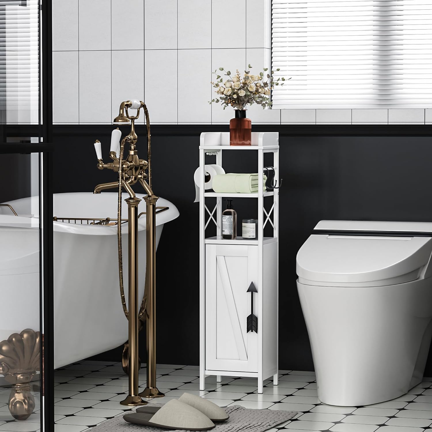 VECELO Small Bathroom Cabinet, Slim Toilet Paper Holder with Door & 2 Shelves