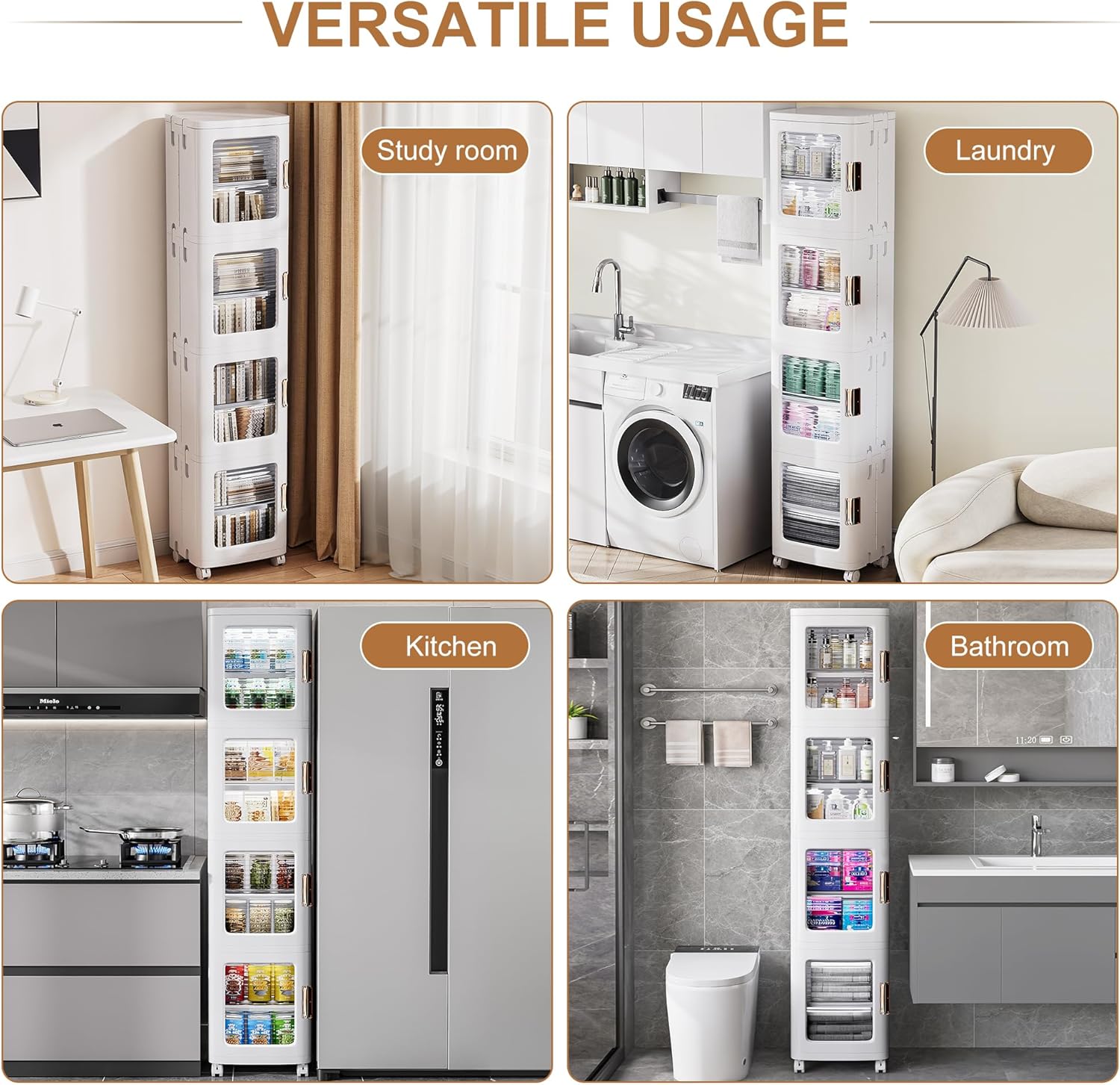 VECELO 4-Tier Plastic Tall Narrow Storage Cabinet with Movable Wheels