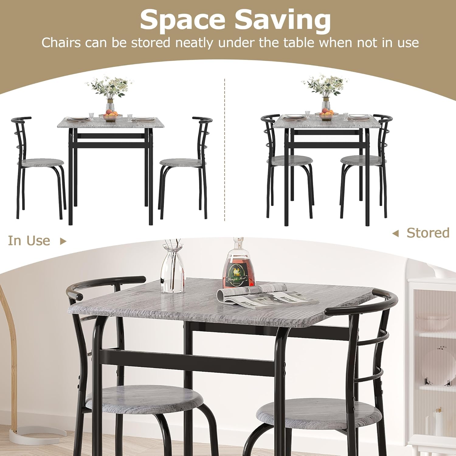 VECELO 3 Piece Dining Table & Chairs Set for 2