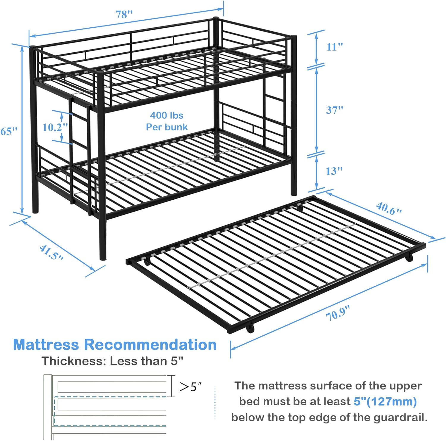VECELO Bunk Bed Twin Over Twin with Trundle, Metal Bunkbeds with Ladder and Full-Length Guardrail - VECELO