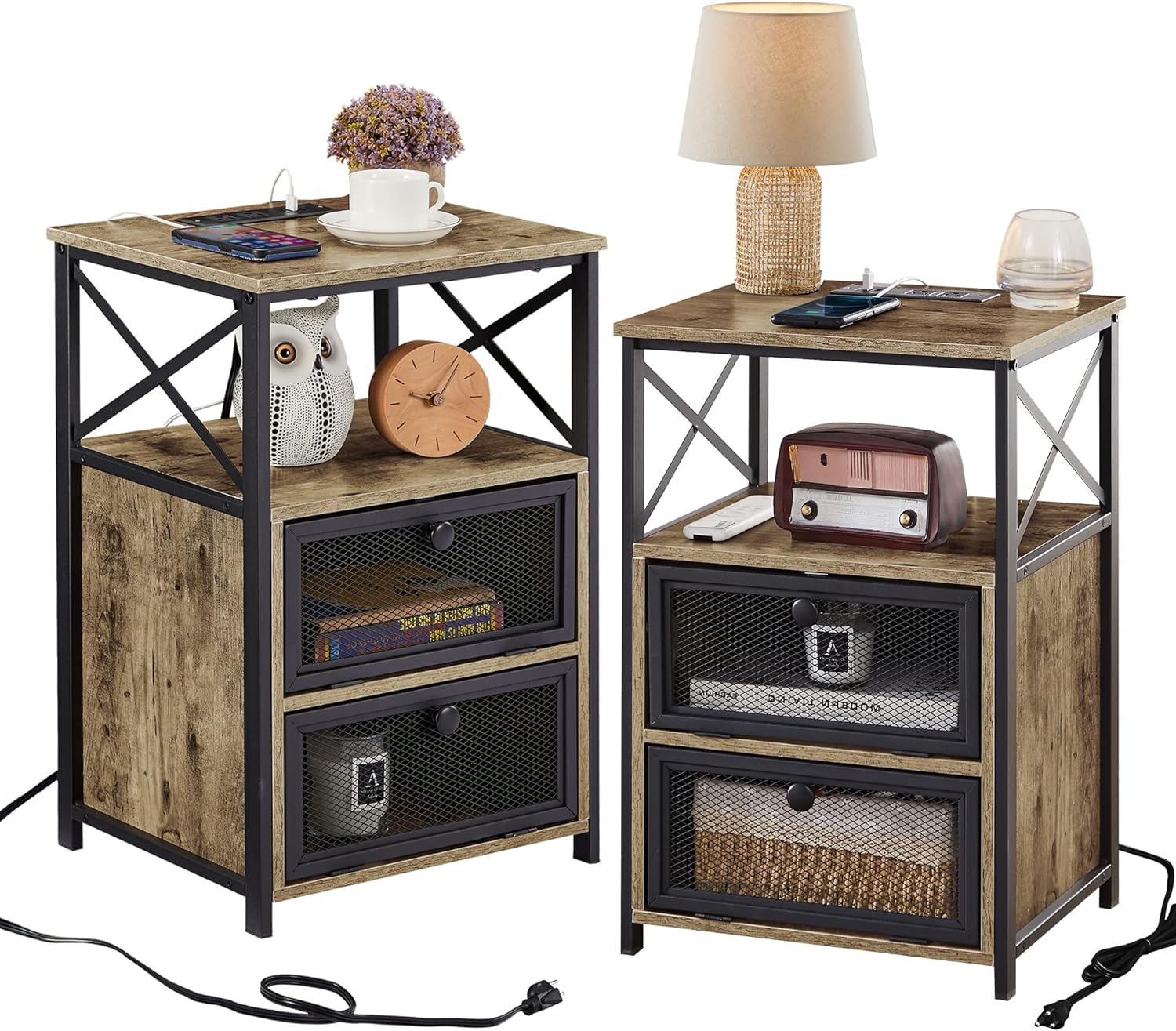 VECELO End Table with USB Ports and Outlets,1 Pack/2 Packs