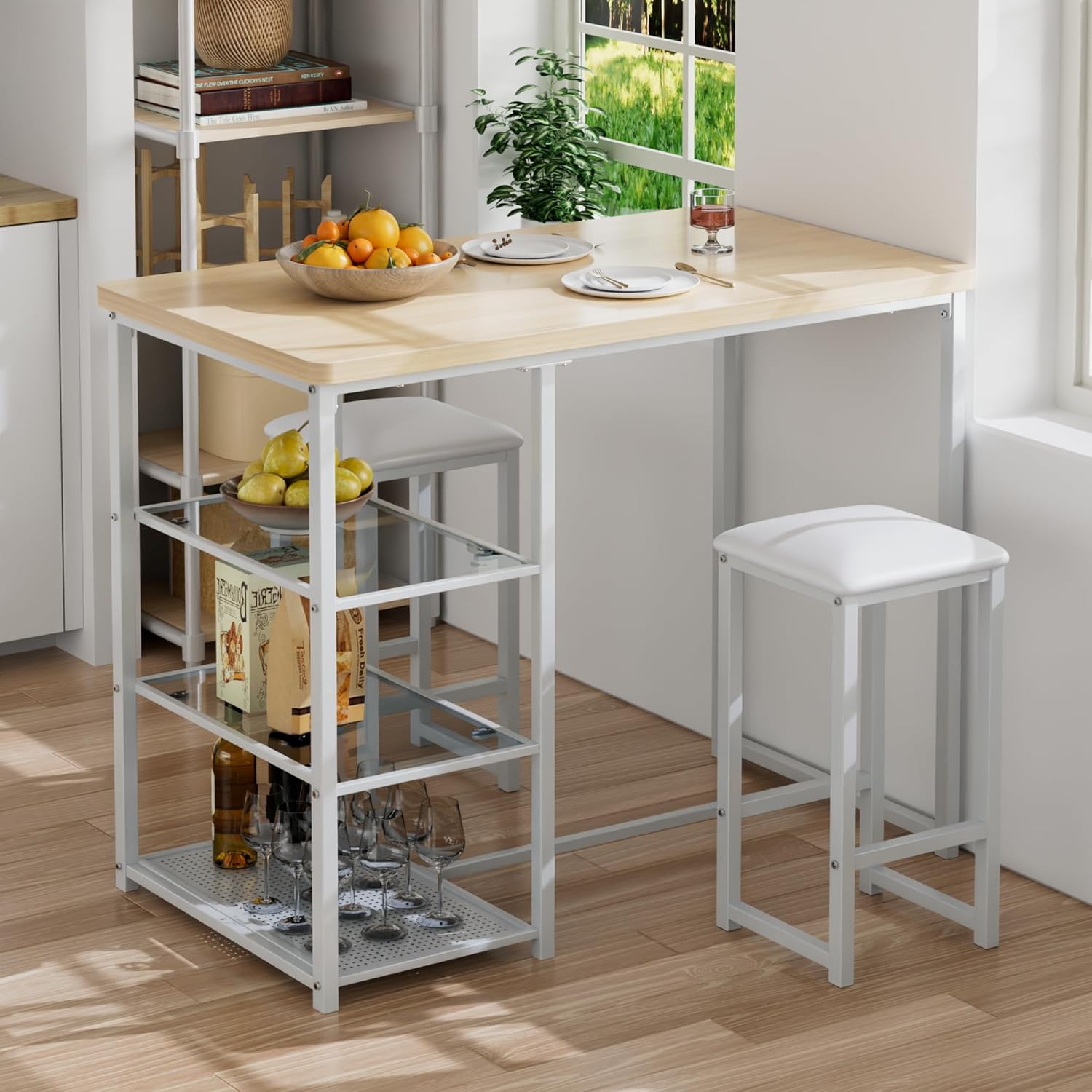 VECELO Small Bar Table and Chairs Set for 2