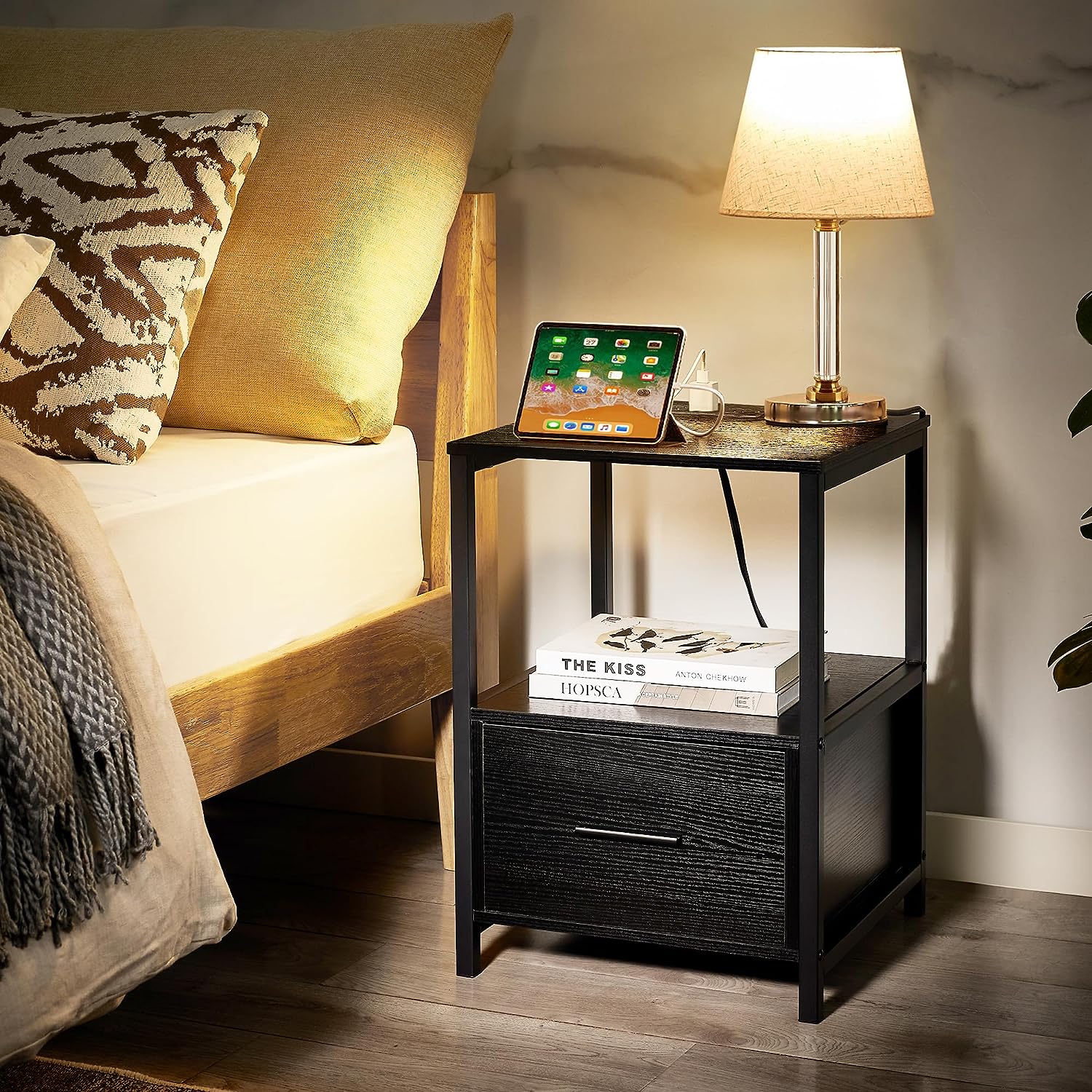 VECELO Modern Nightstand with Charging Station and USB Ports End Side Table
