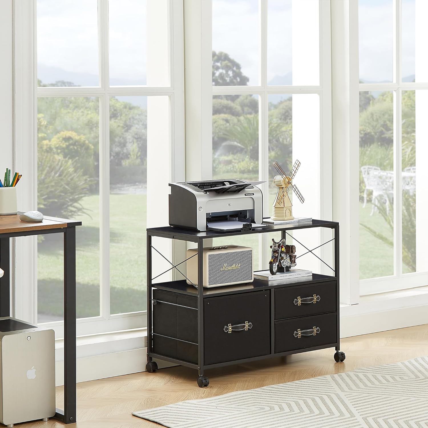 VECELO 3 Drawer Lateral File Cabinet, Rolling Printer Stand with Open Storage Shelf - VECELO