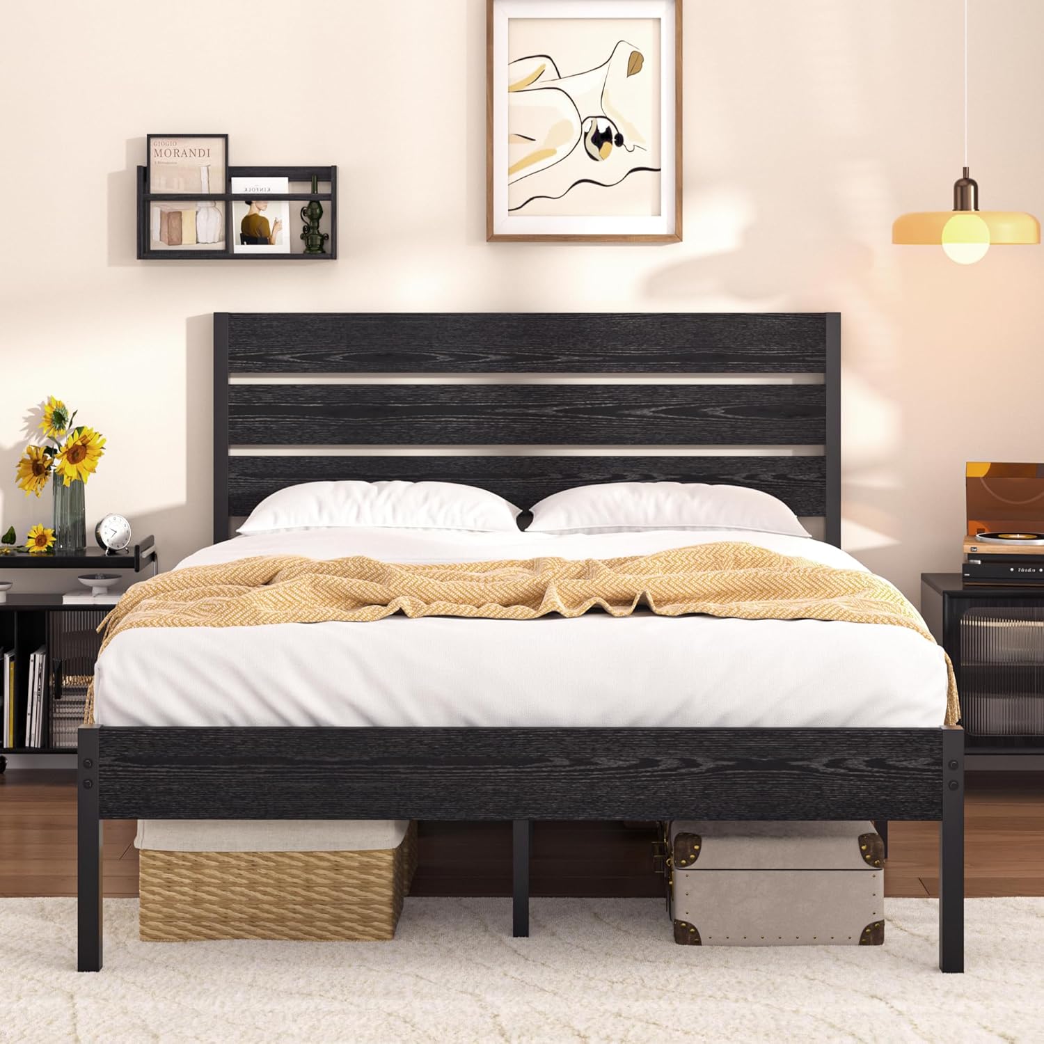 VECELO Platform Bed Frame with Rustic Vintage Wood Headboard/Strong Metal Slats Support