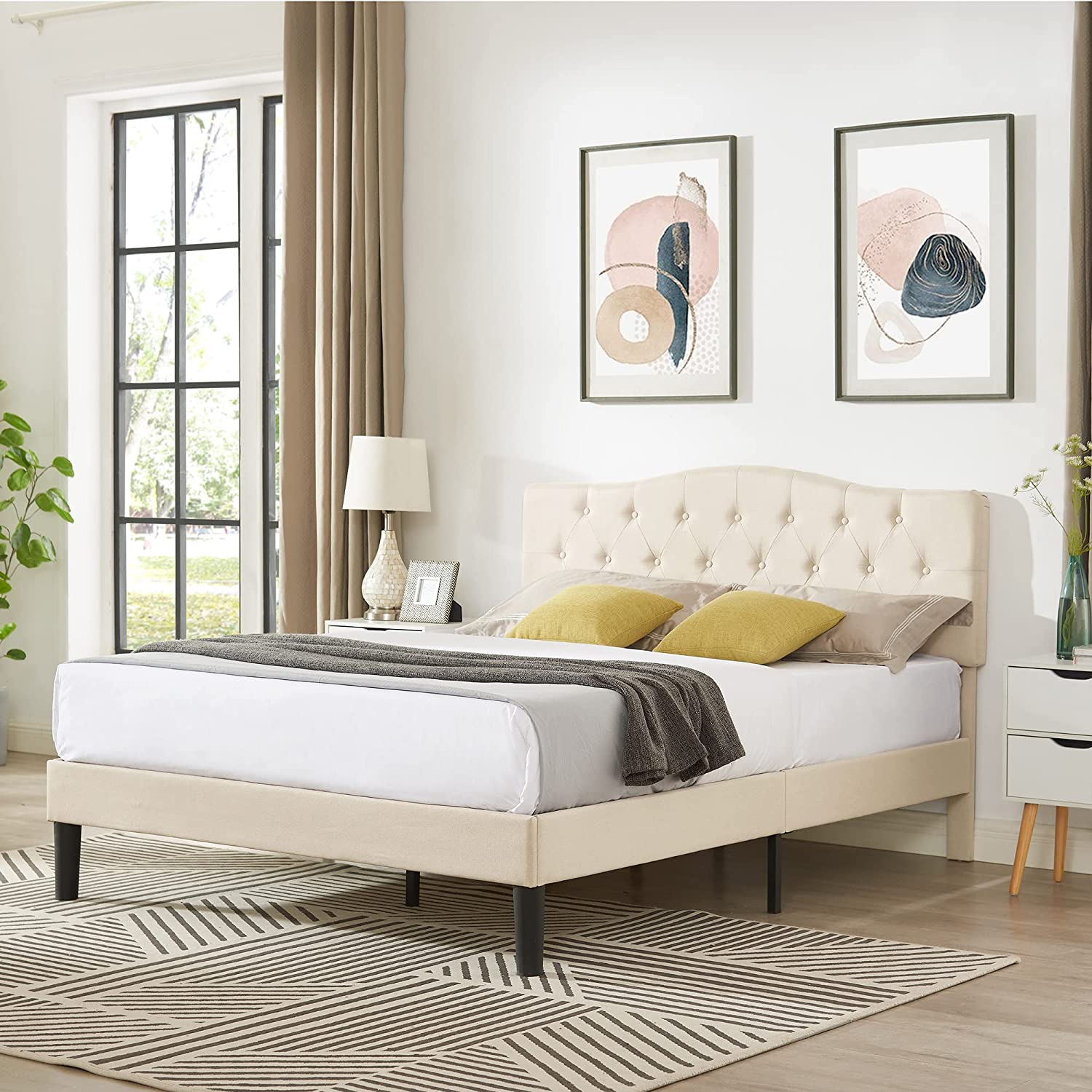 VECELO Classic Upholstered Platform Bed Frame with Diamond Stitched Cloth - VECELO