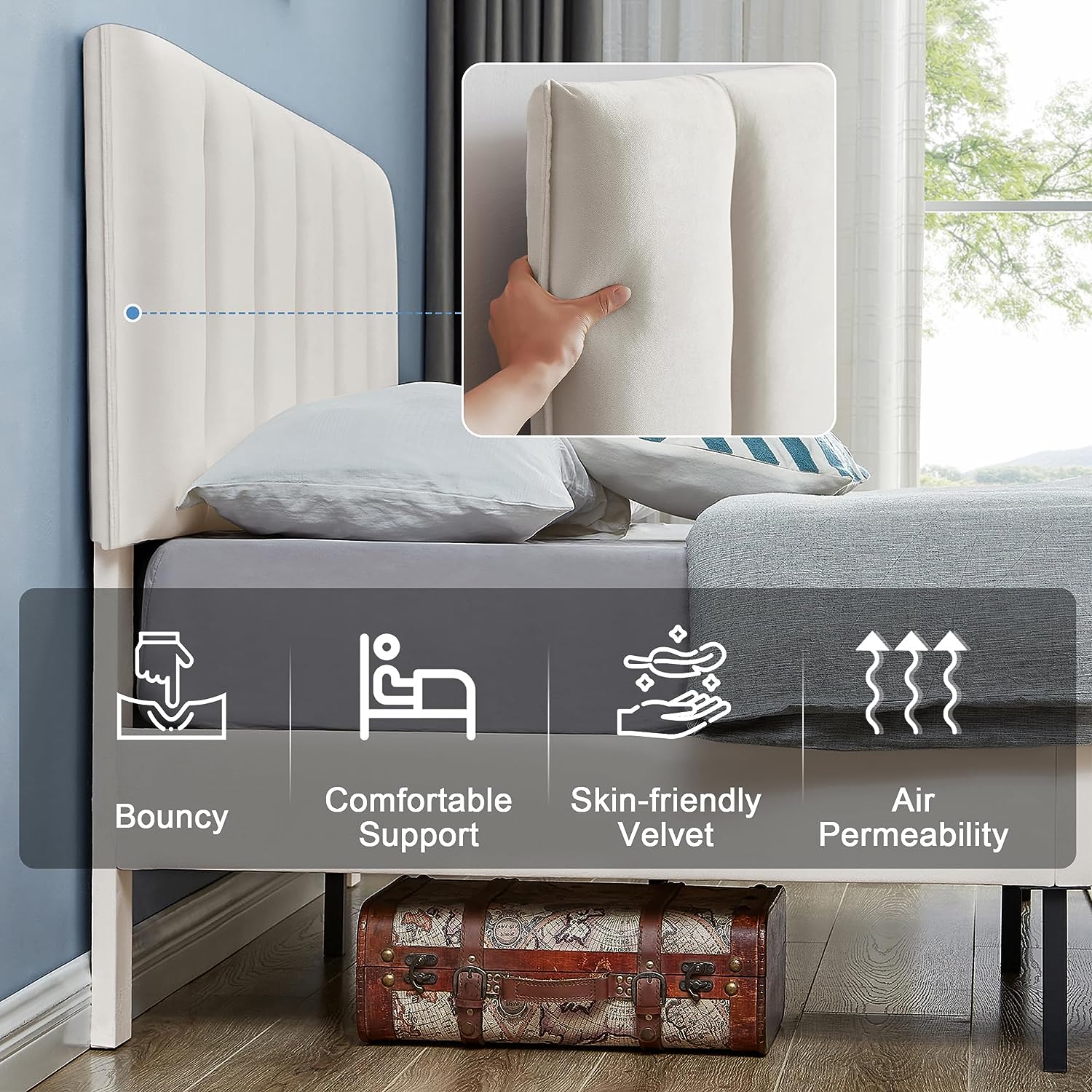 VECELO Modern Upholstered Platform Bedframe, Adjustable Headboard