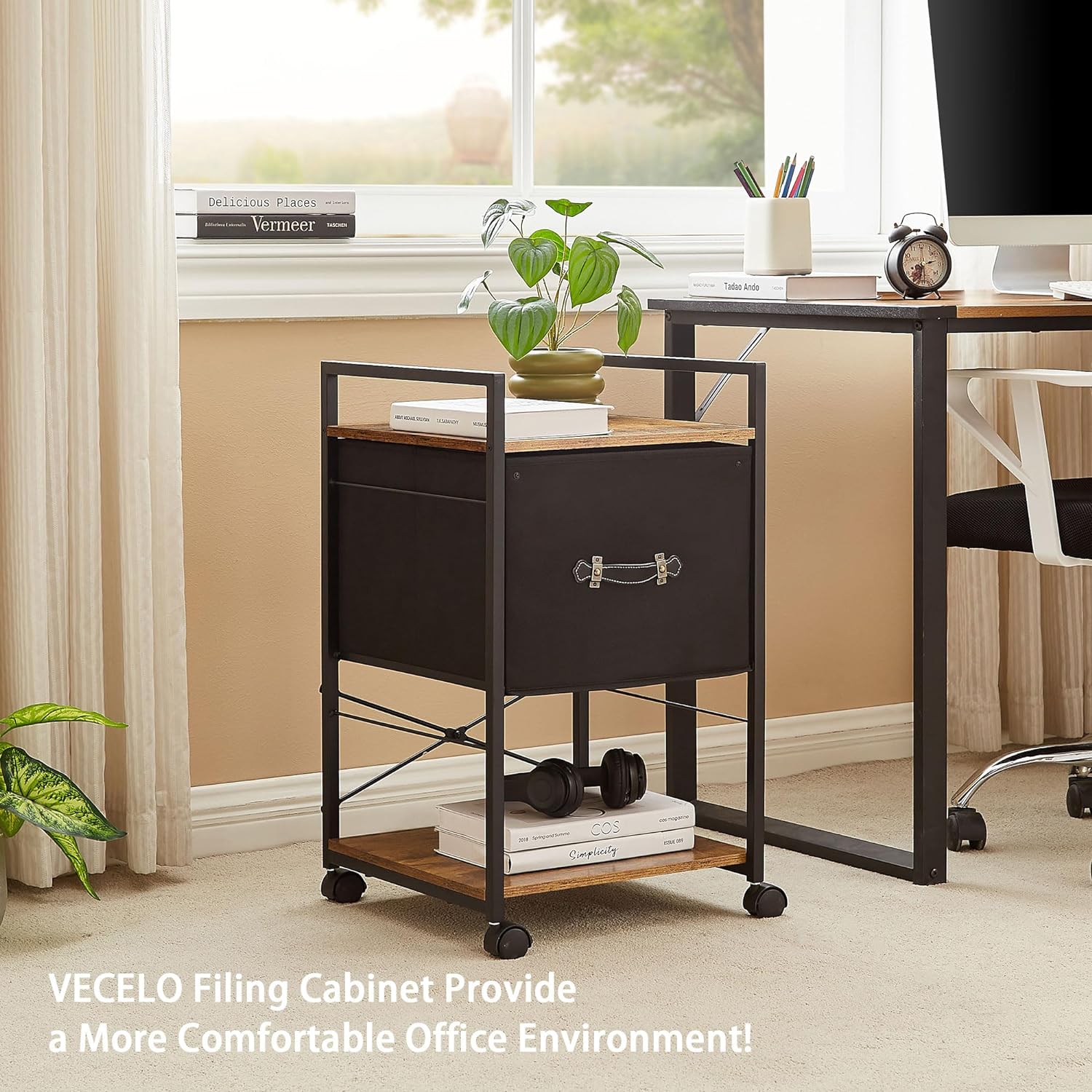 VECELO Mobile Vertical Filing Cabinet, Rolling Printer Shelf with Handle
