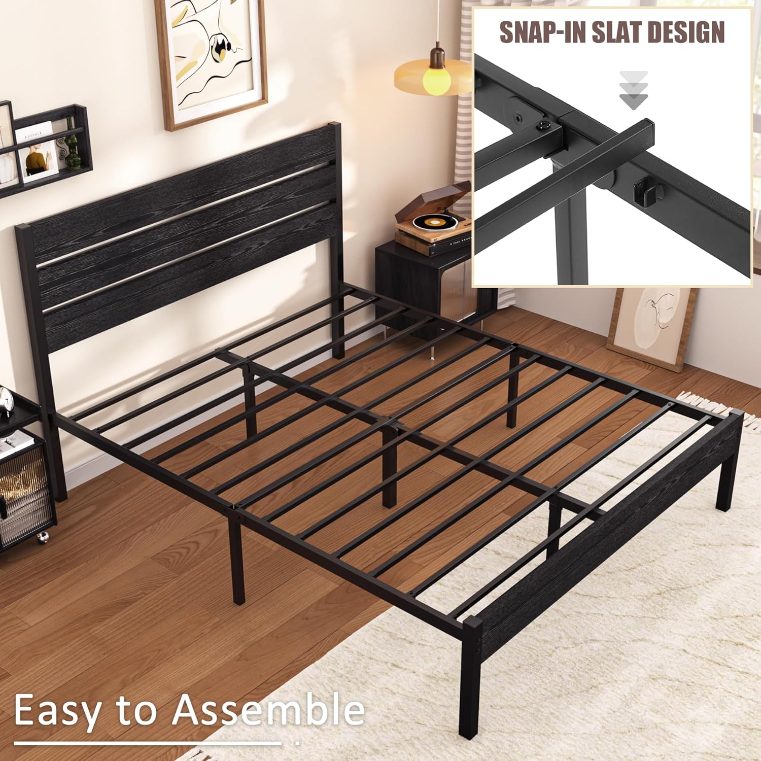 VECELO Platform Bed Frame with Rustic Vintage Wood Headboard/Strong Metal Slats Support