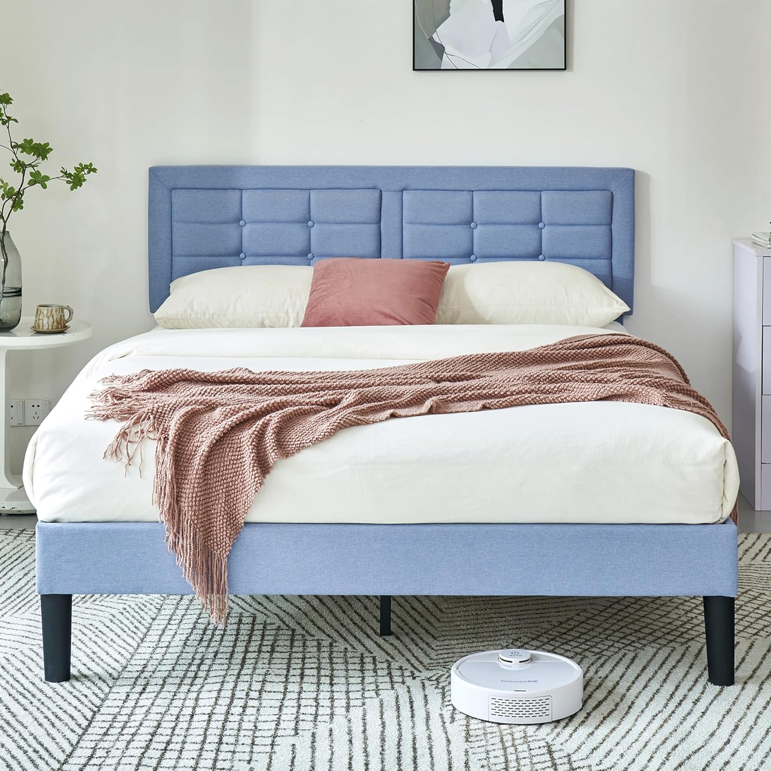 VECELO Upholstered Platform Bed Frame with Height Adjustable Headboard